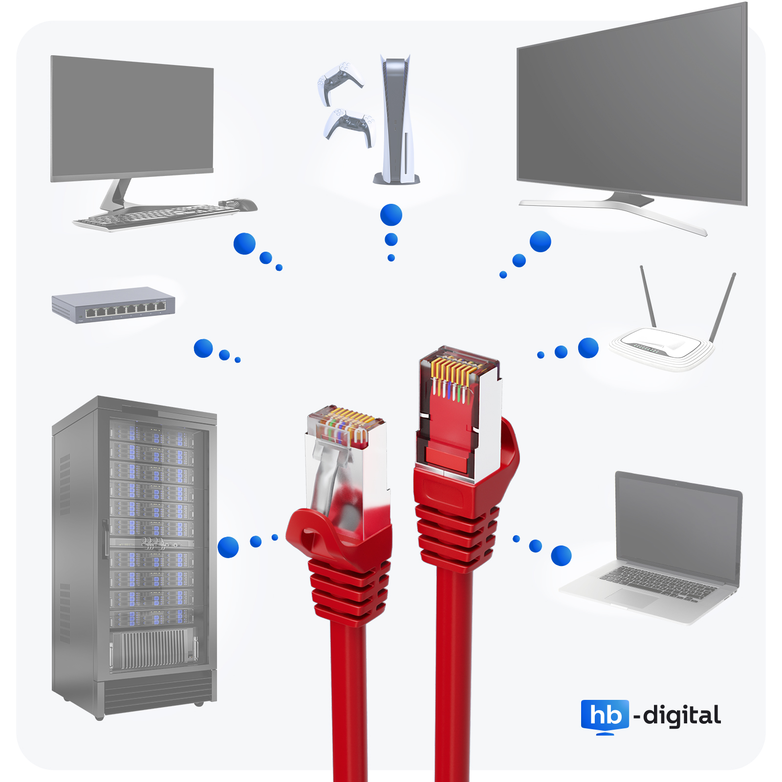 Zwei rote Ethernet-Kabel mit transparenten Steckern und ein Aufbau von Computerperipheriegeräten und -geräten.