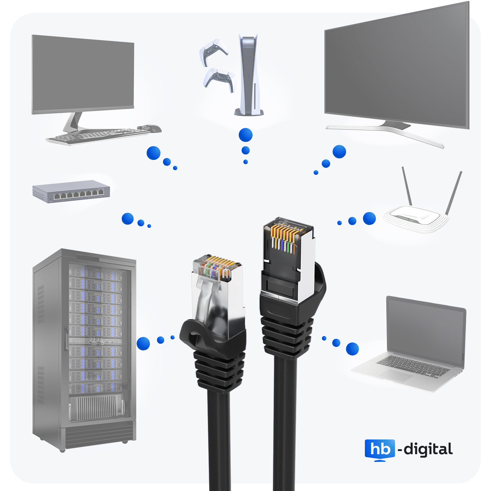 Netzwerk-Setup. Kabel verbinden mehrere Geräte: Computer, Server, Router, Laptop und Spielkonsole.