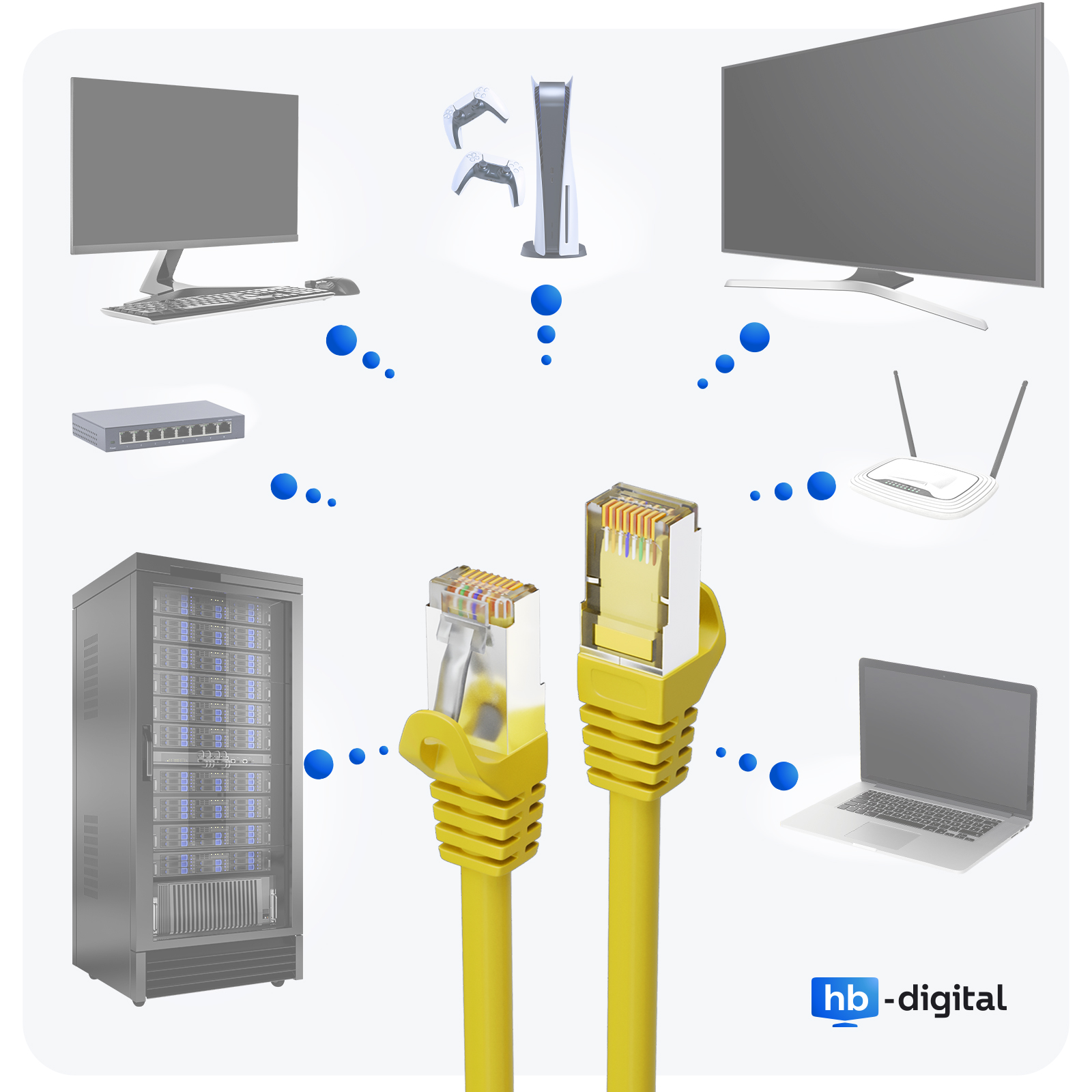 Netzwerk-Setup-Illustration mit Ethernet-Kabeln, verbunden mit Computerausrüstung.