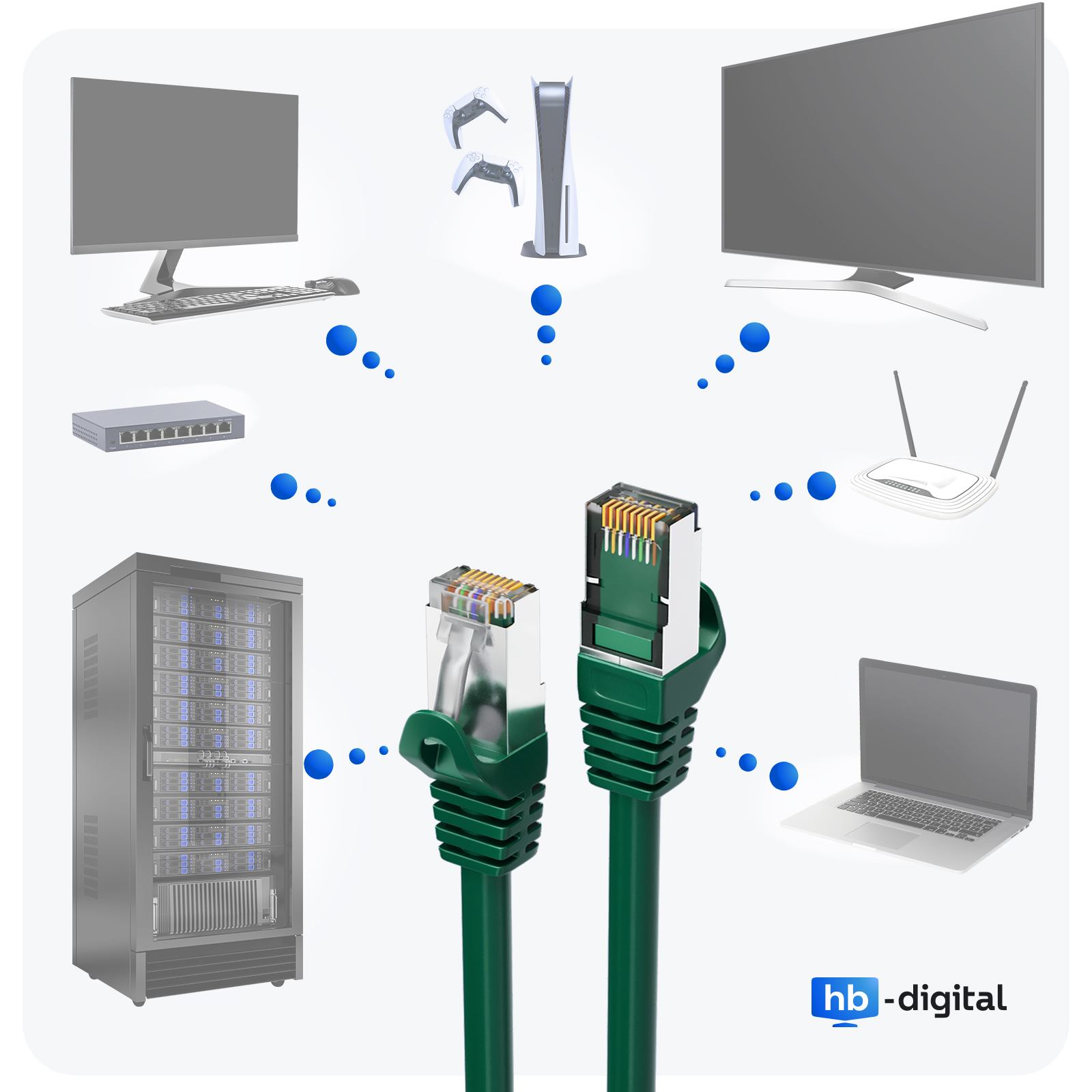Netzwerkkabel und angeschlossene Geräte, darunter ein Computer und ein Router.