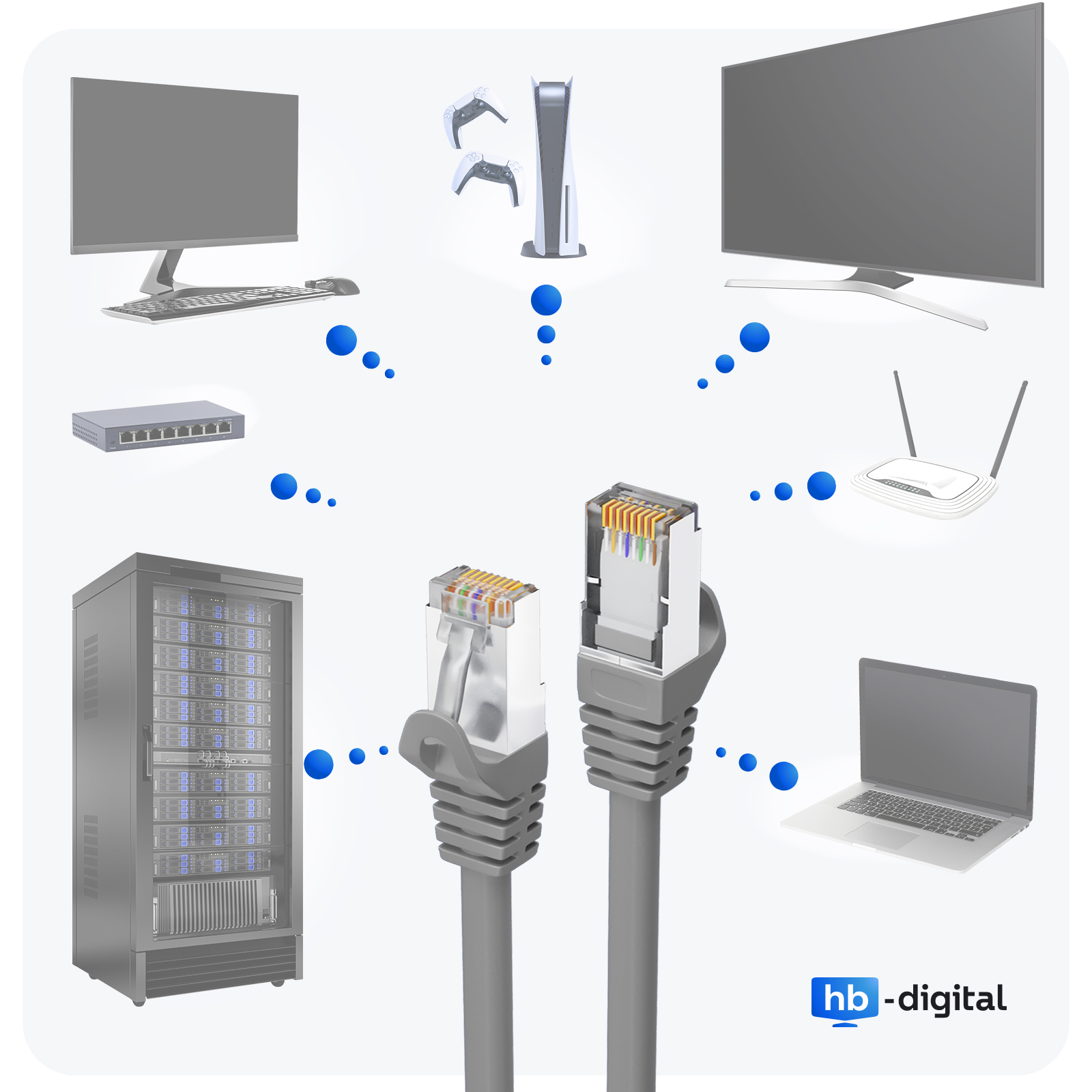 Ein Bild zeigt verschiedene Geräte und Kabel mit Ethernet-Kabeln im Vordergrund.