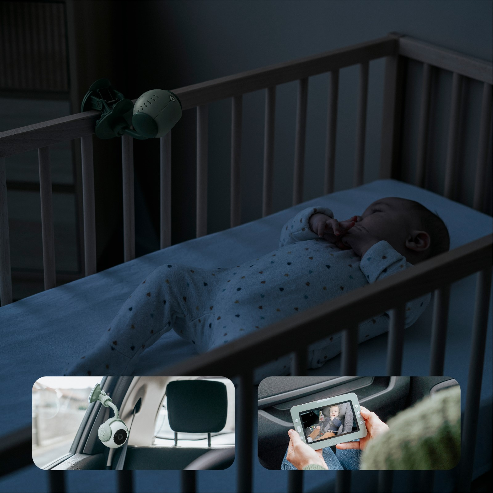 Ein Baby im Kinderbett wird von einer Kamera überwacht. Zwei Ansichten der Kamera im Auto.