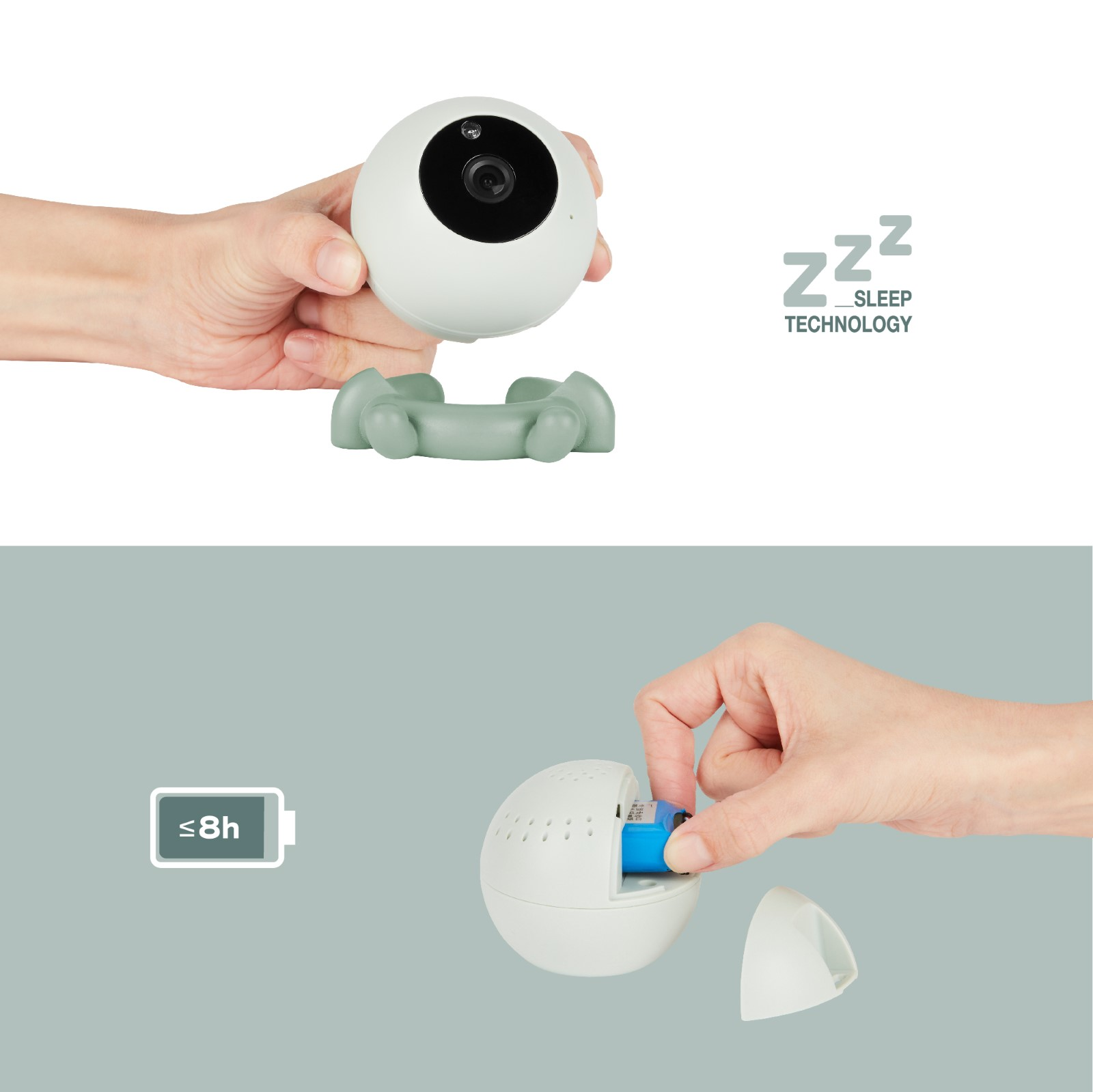 Zwei Bilder: ein Babyphone und eine Hand, die eine Batterie einlegt.
