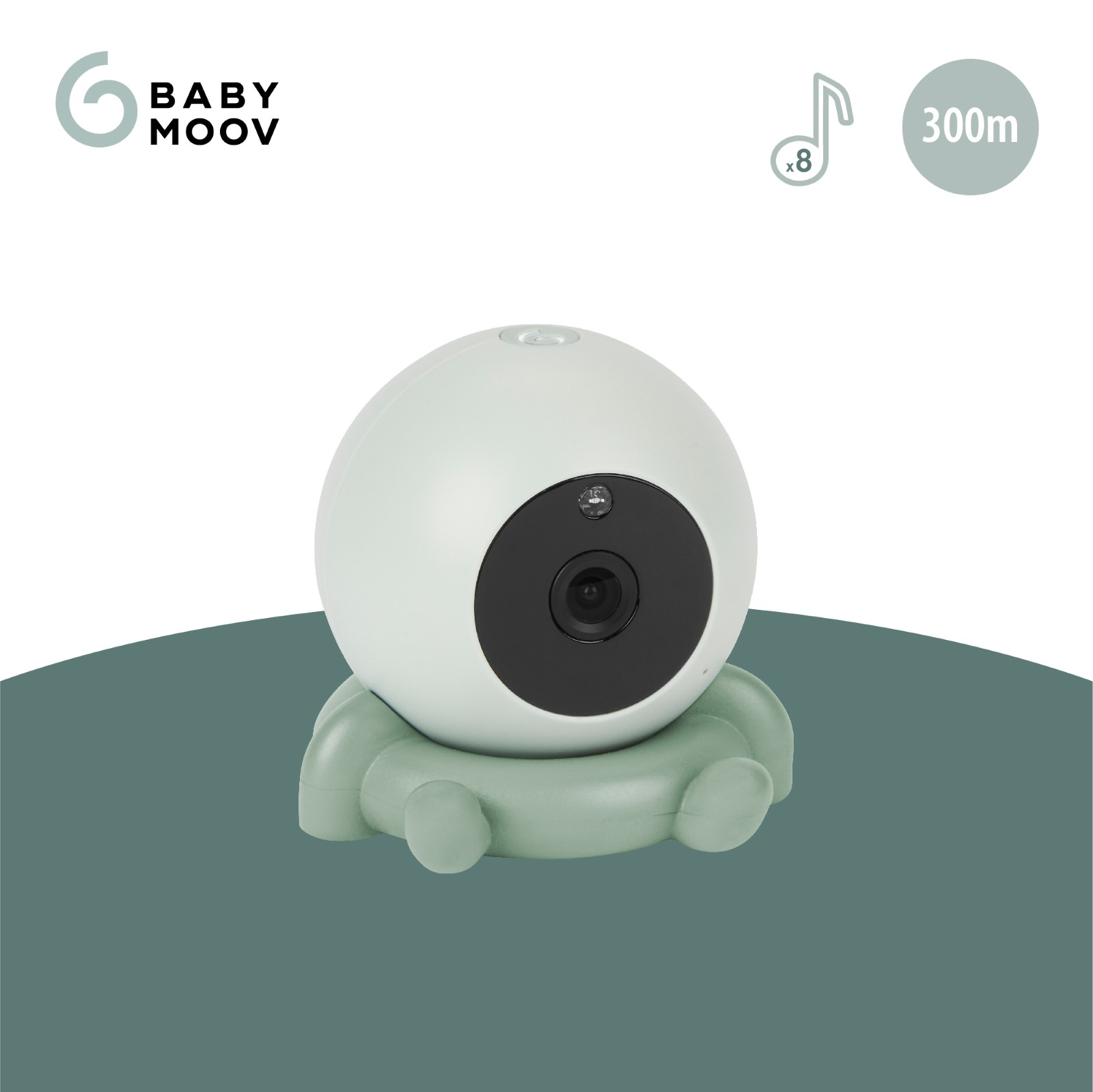 Babyphone mit einer abgerundeten Kamera und einem grünen Sockel. Das Logo 'BABY MOOV' ist sichtbar.