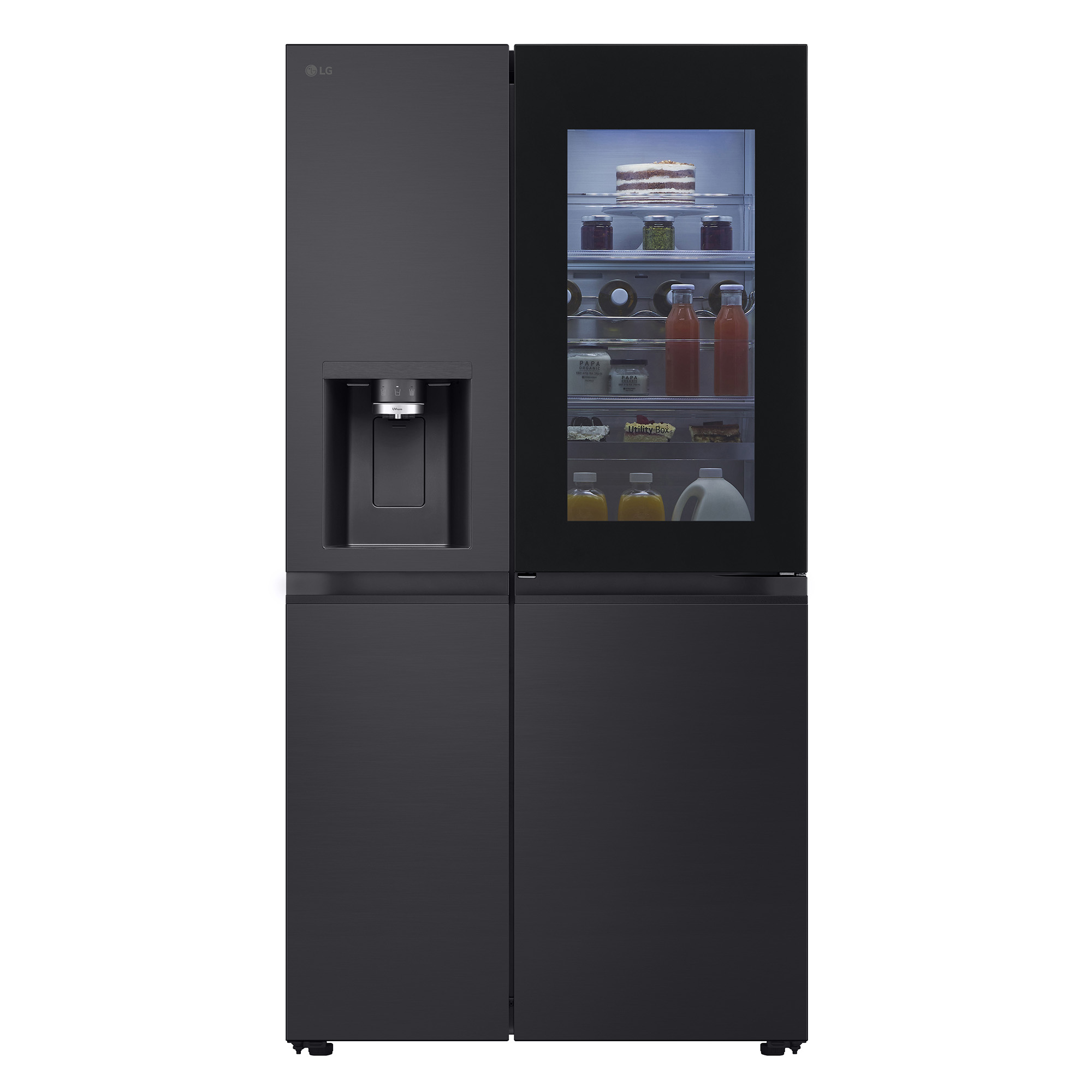 Schwarzer LG Kühlschrank mit transparenter Tür.