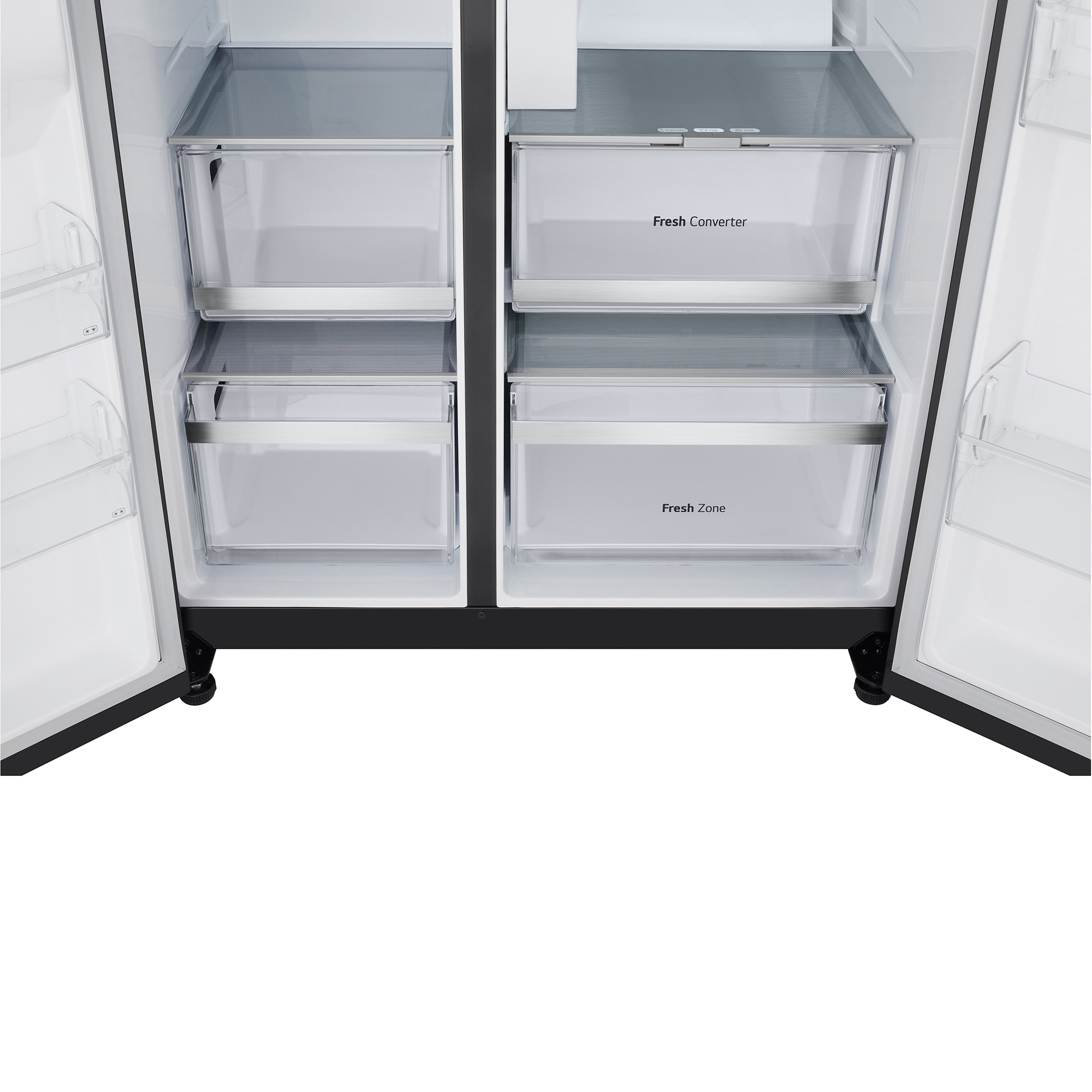 Ein offener Kühlschrank mit zwei durchsichtigen Schubladen mit der Aufschrift 'Fresh Converter'.