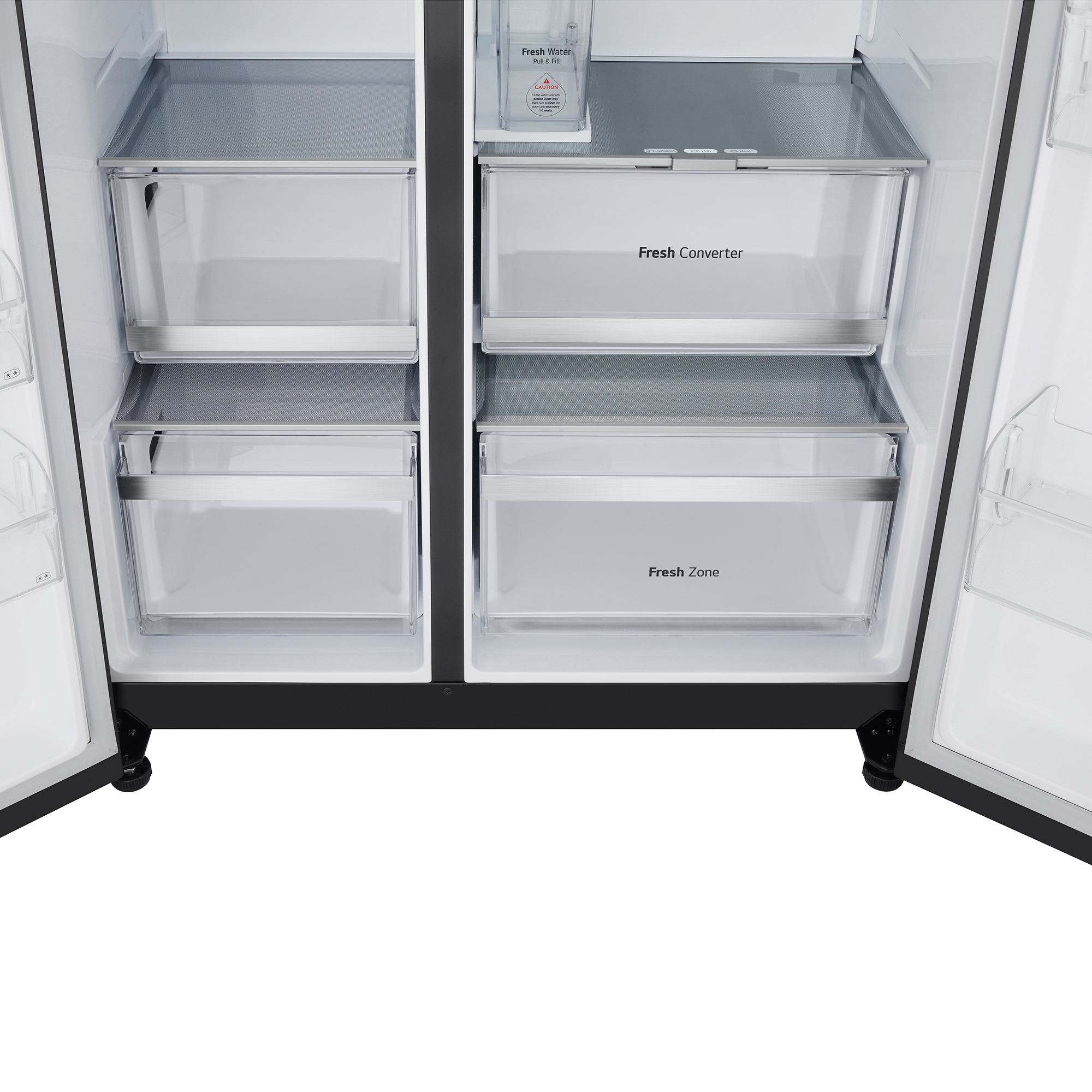 Innenansicht eines Kühlschranks mit geöffneten Türen, zeigt Regale und Behälter. Markiert Fresh Converter und Fresh Zone.