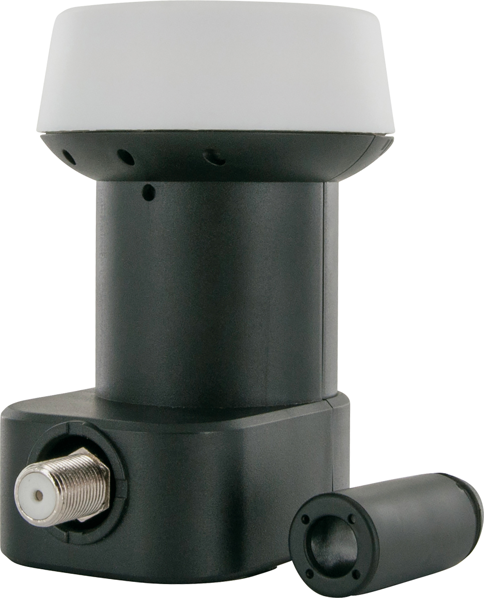 Ein schwarz-weißer Satellitenempfänger mit weißer Oberseite und Stecker.