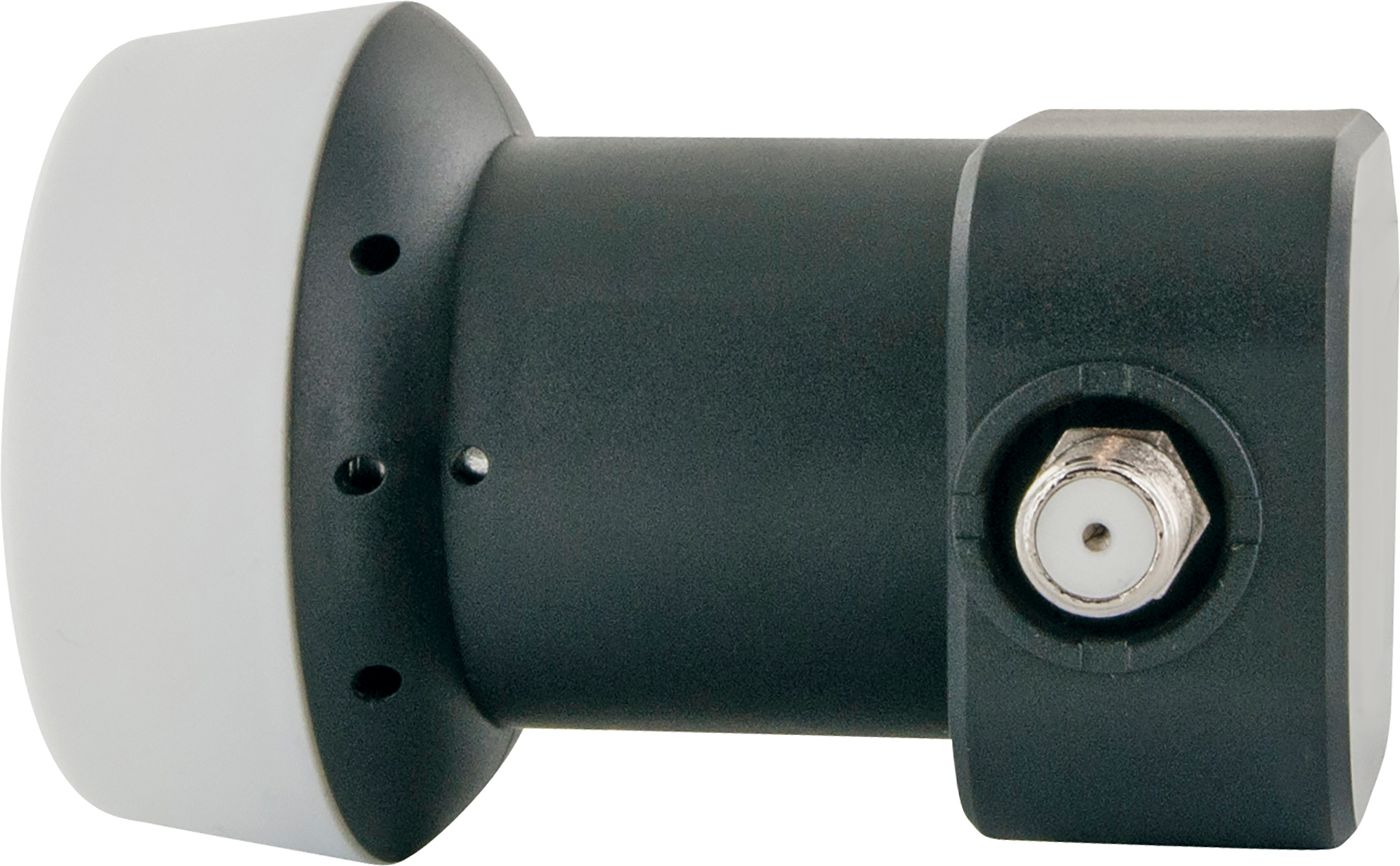 Ein Satelliten-LNB, ein Gerät zum Empfang von Satellitensignalen. Es hat ein schwarz-weißes zylindrisches Design.