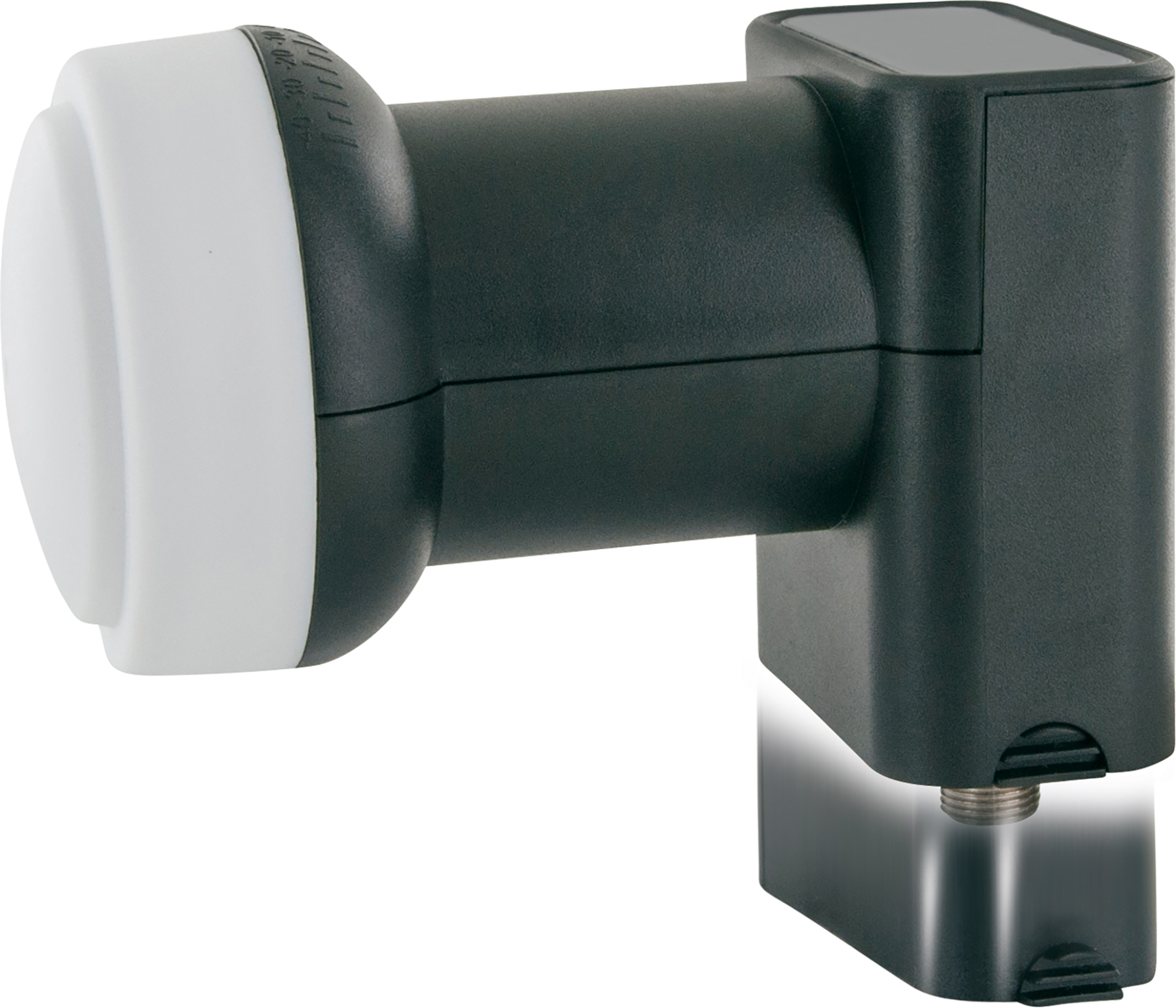 Ein schwarzes Satelliten-LNB mit weißer Endkappe, vor weißem Hintergrund.