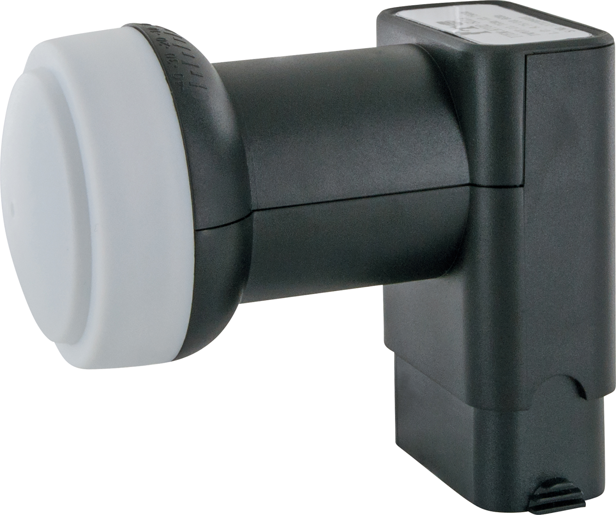 Ein schwarzer LNB-Satellitenempfänger mit einer weißen Kappe.