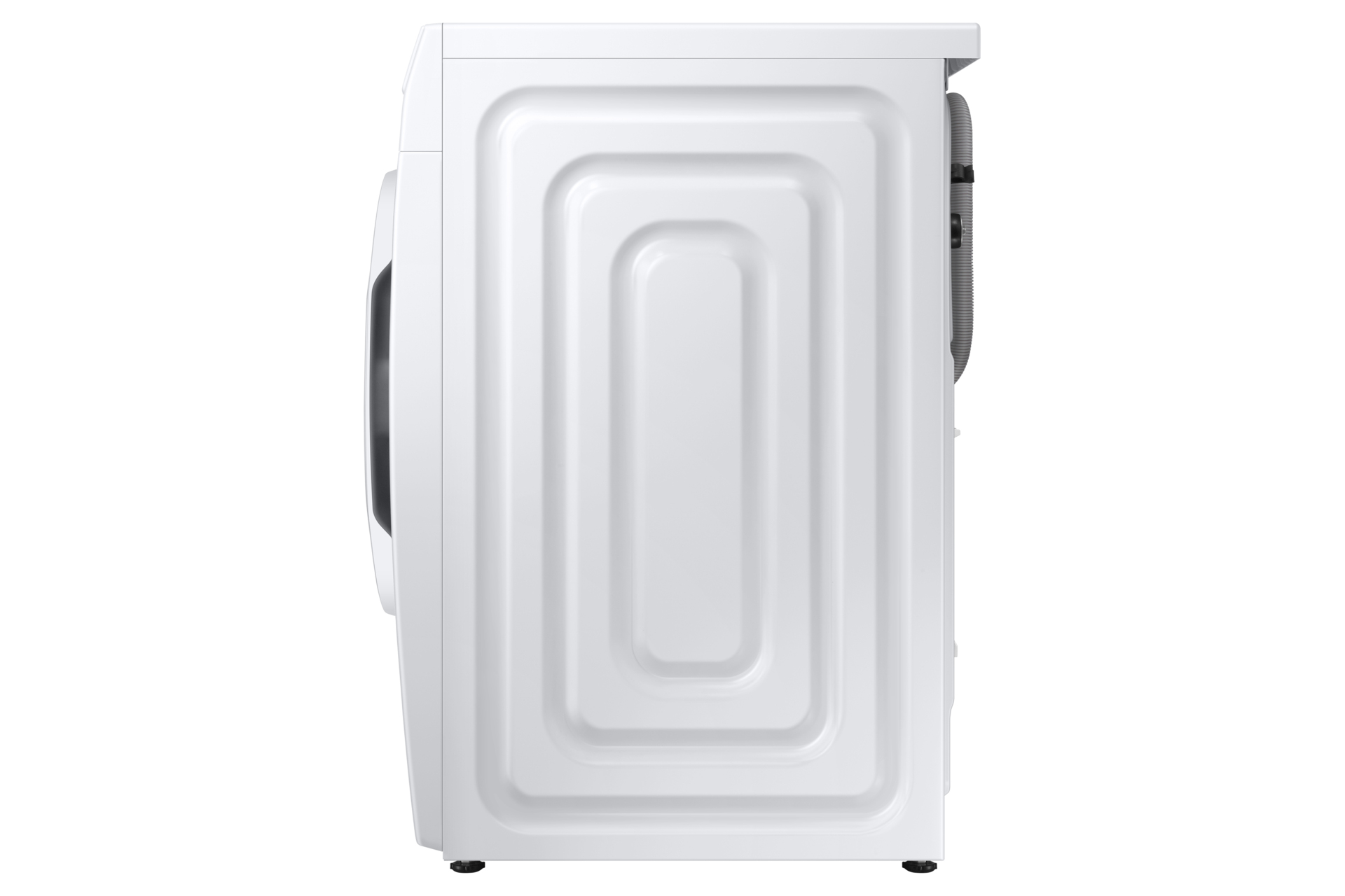 Lavatrice Samsung bianca, vista laterale, con retro strutturato e porta a sinistra.