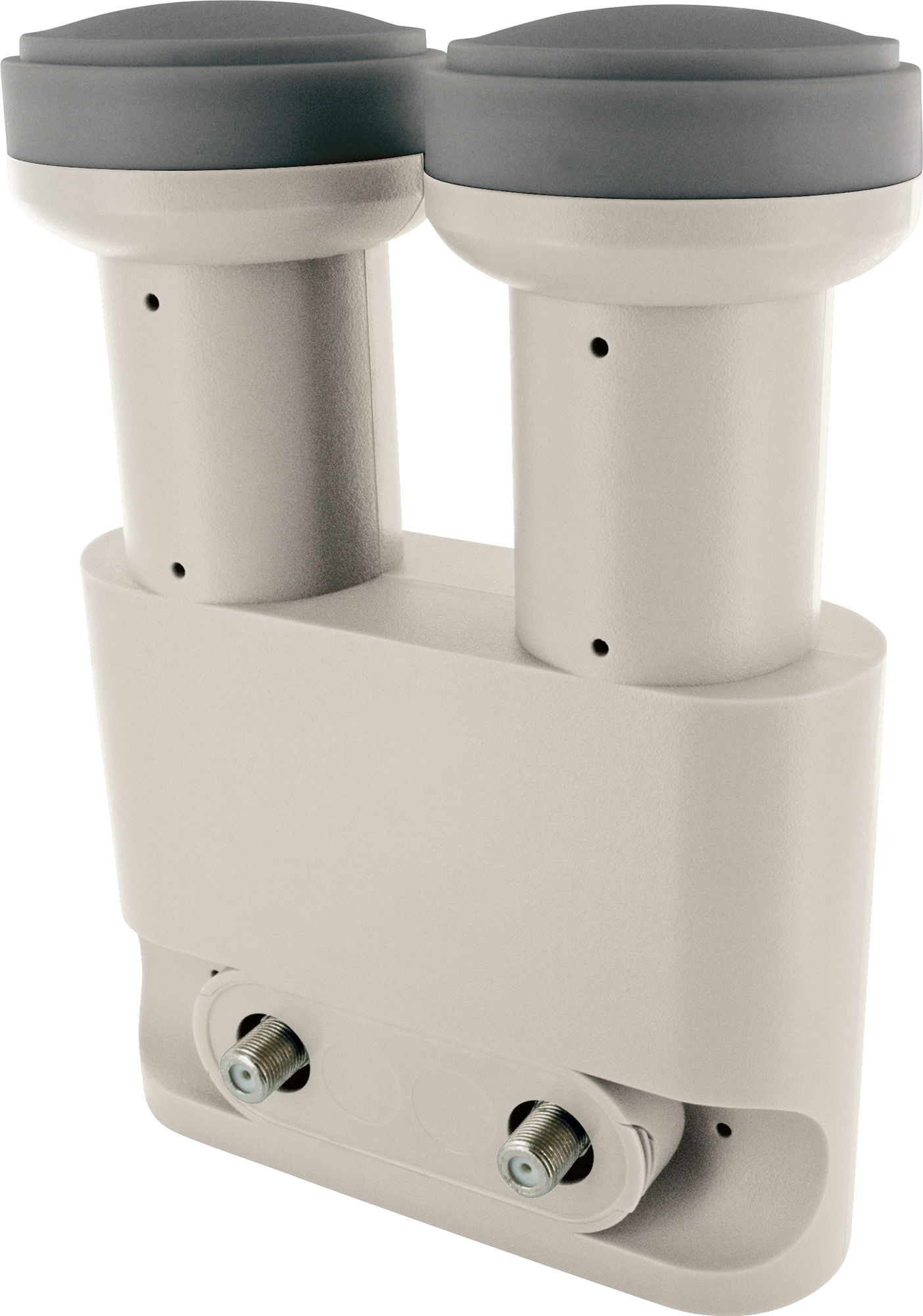 Ein weißes LNB (Low Noise Block downconverter) mit zwei Ausgängen, zum Empfang von Satellitensignalen.
