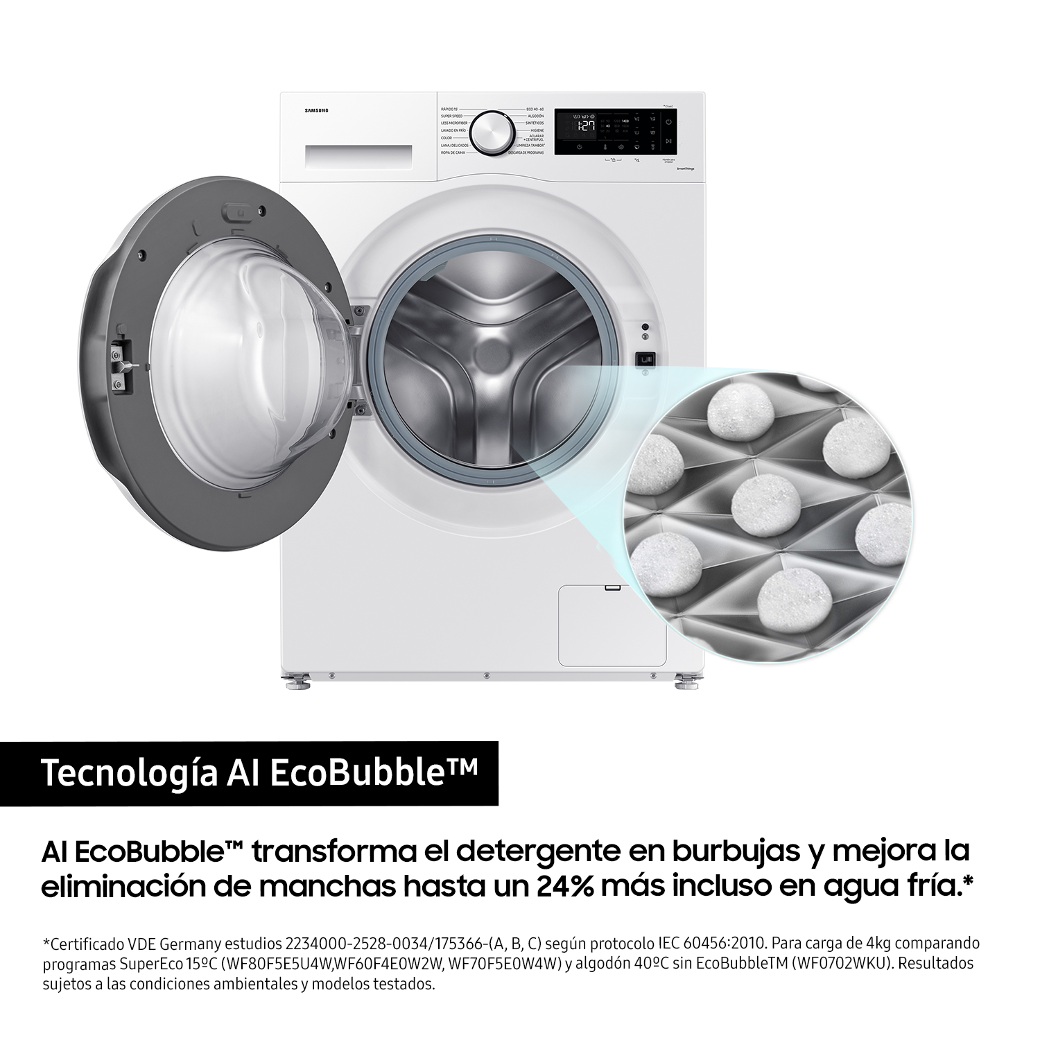 Lavadora Samsung con puerta abierta, mostrando pastillas de detergente y EcoBubble.