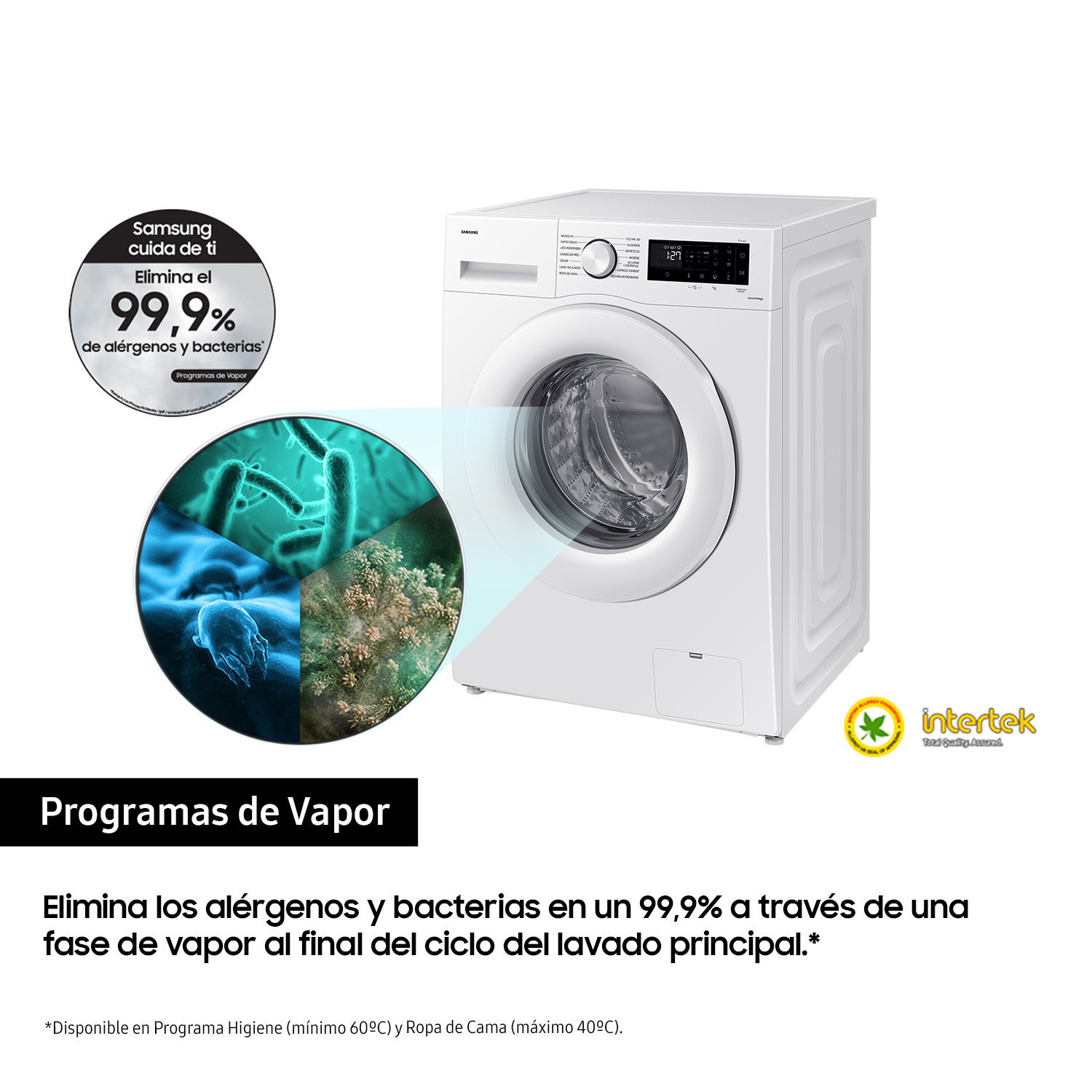 Lavadora Samsung blanca con puerta abierta, gráfico de programa de vapor y texto sobre eliminación de alérgenos.