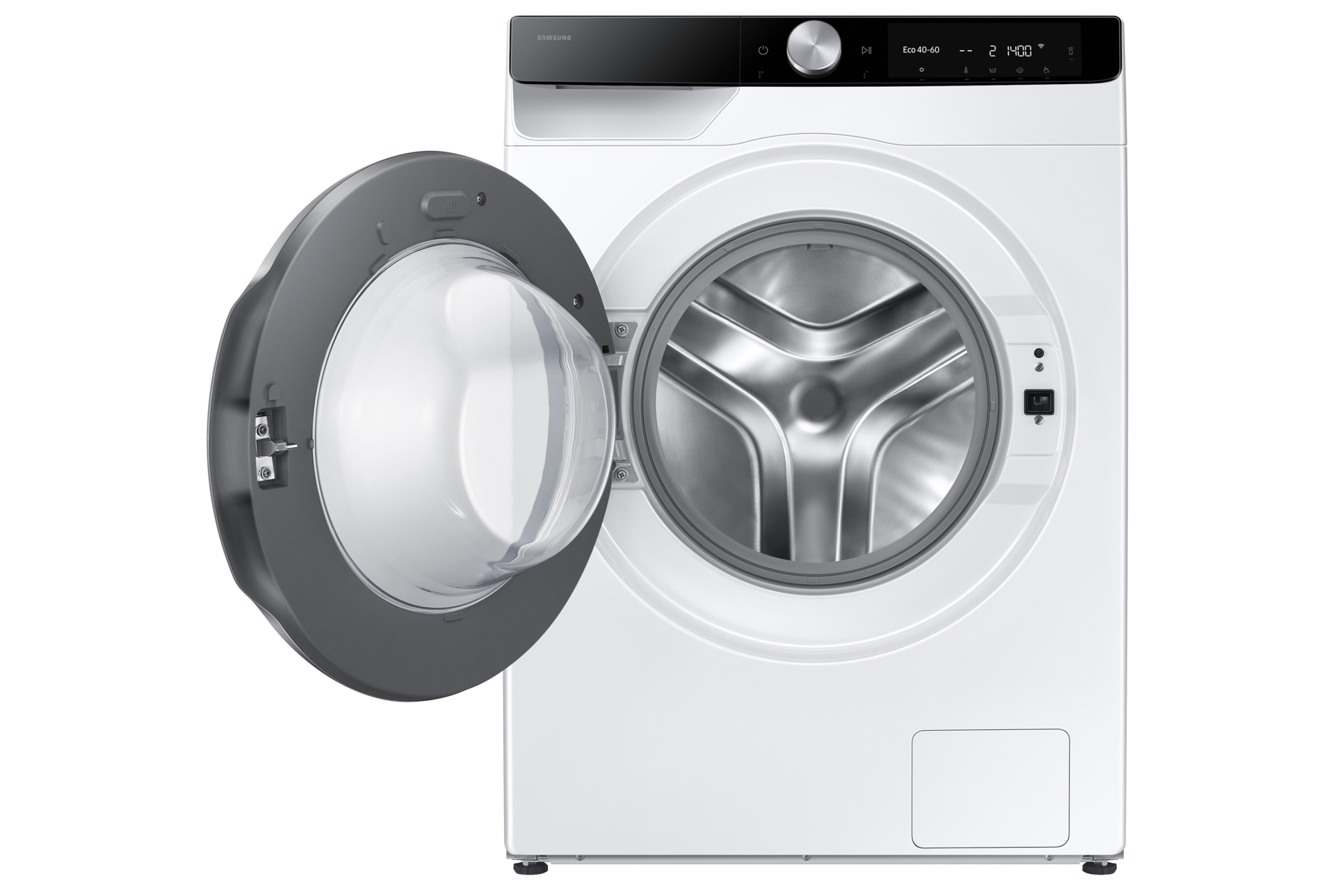 Weiße Samsung Waschmaschine, Tür offen, Trommel und Bedienfeld mit Anzeige sichtbar.