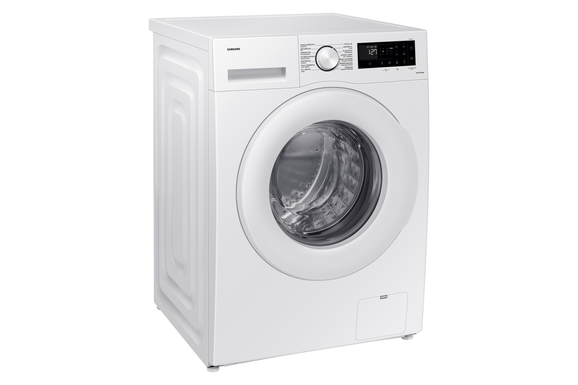 Lave-linge Samsung blanc, avec panneau de contrôle supérieur et porte fermée.