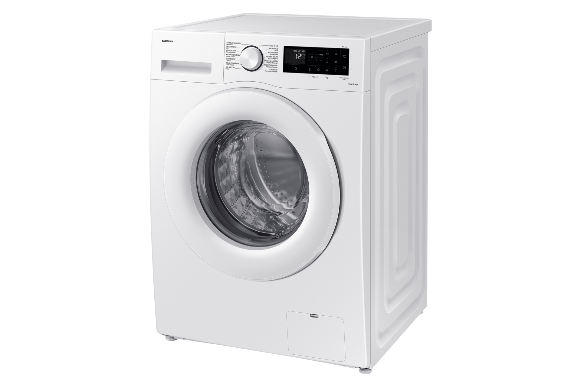 Un lave-linge Samsung blanc, légèrement incliné. Avec porte et panneau de commande, sur fond blanc.