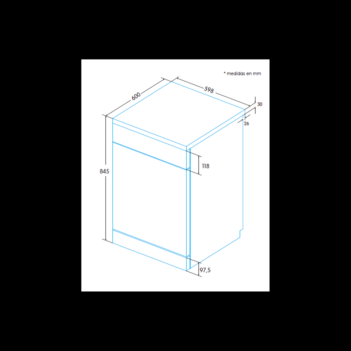 Dibujo isométrico con medidas de un electrodoméstico blanco. Incluye dimensiones y etiquetas.