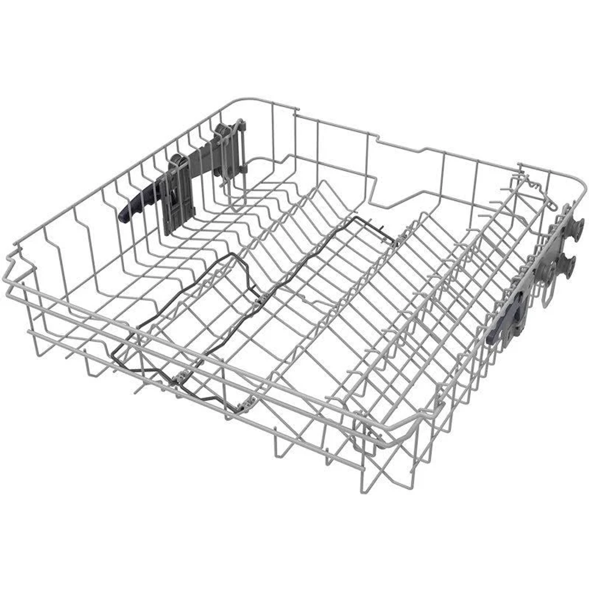Cesta de lavavajillas con múltiples compartimentos. Metal gris, con soportes y divisores de plástico.