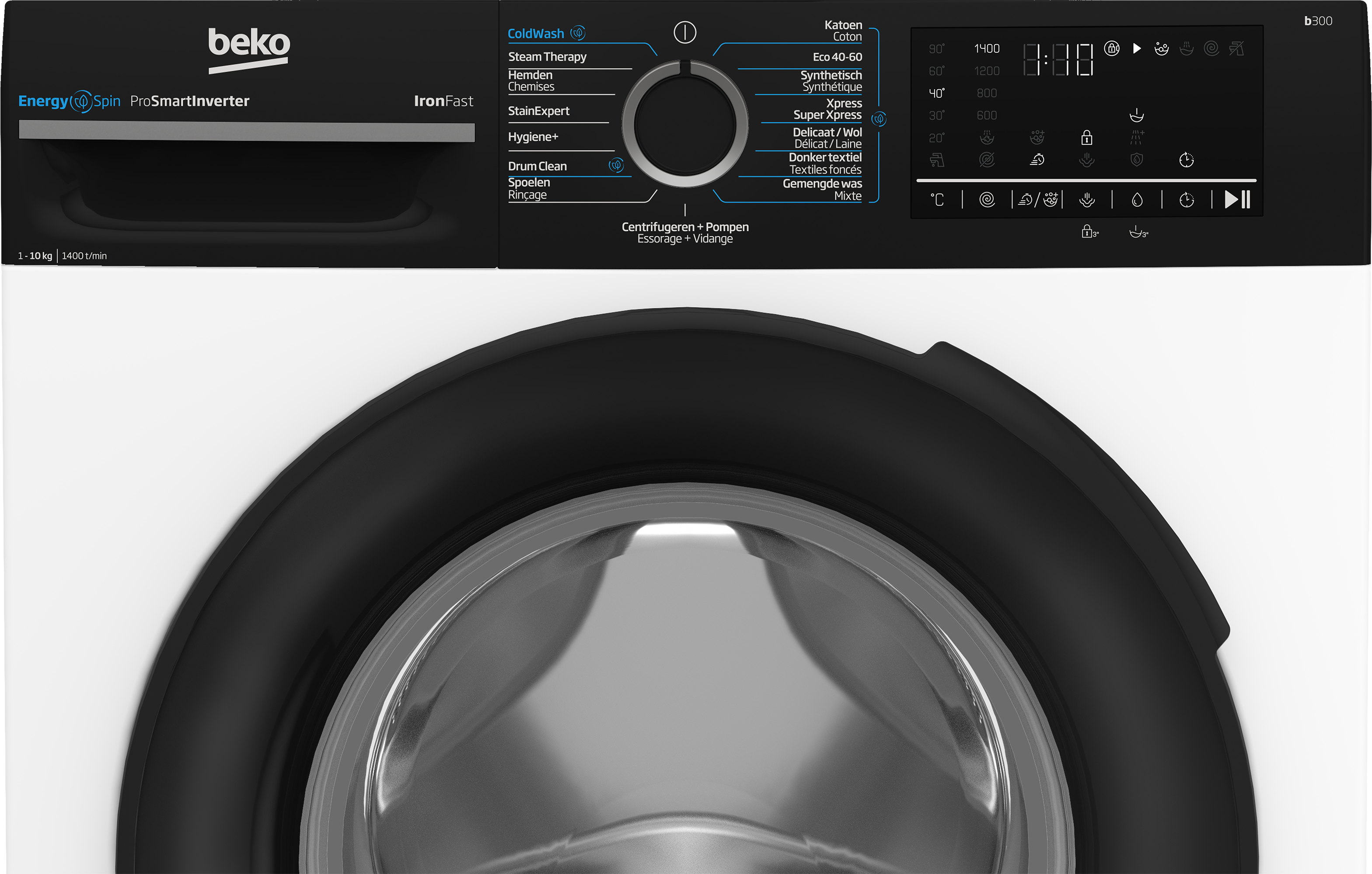 Beko washing machine, control panel, black door, white background, close-up.