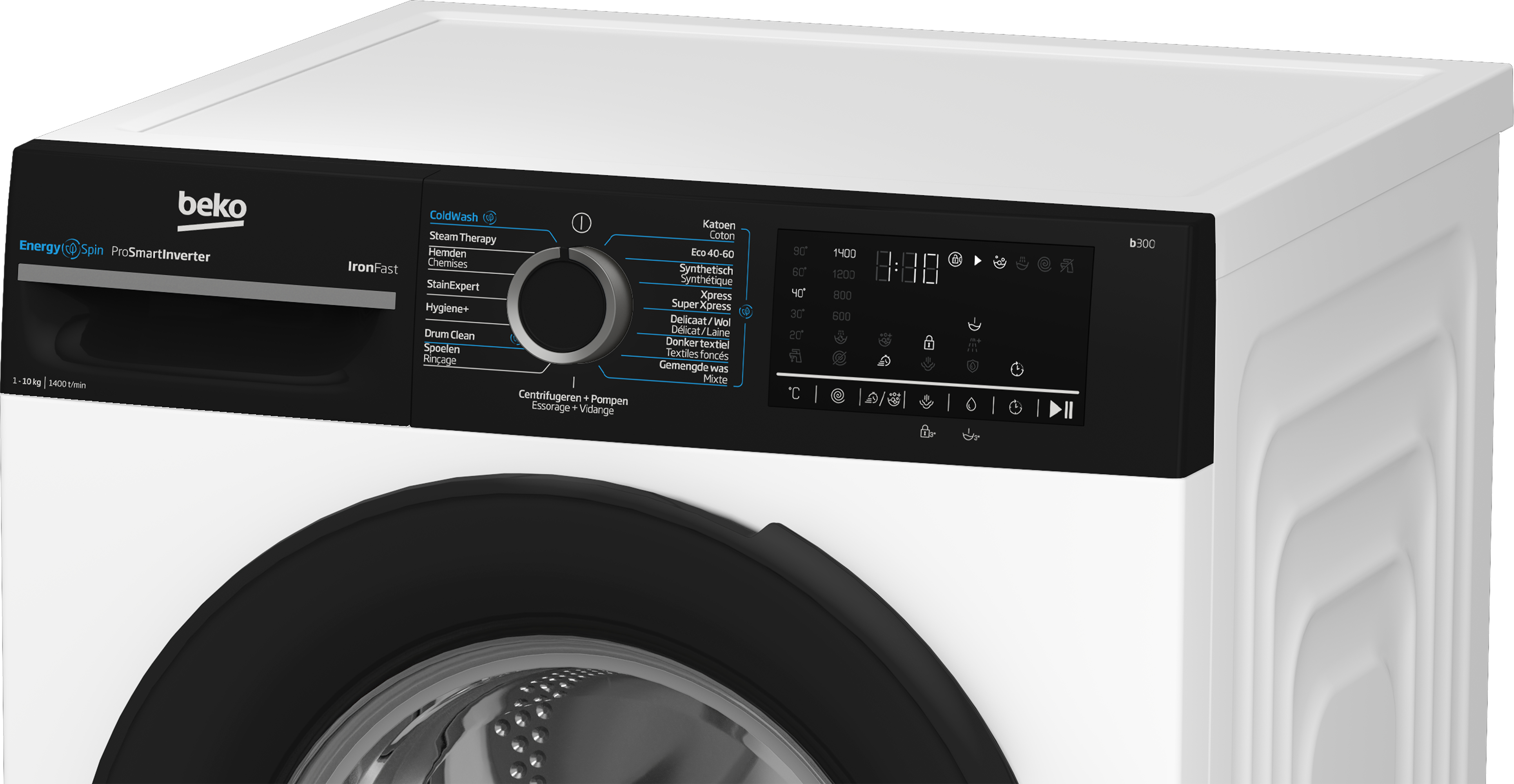 The control panel of a Beko washing machine. It includes various buttons, a display, and dial.