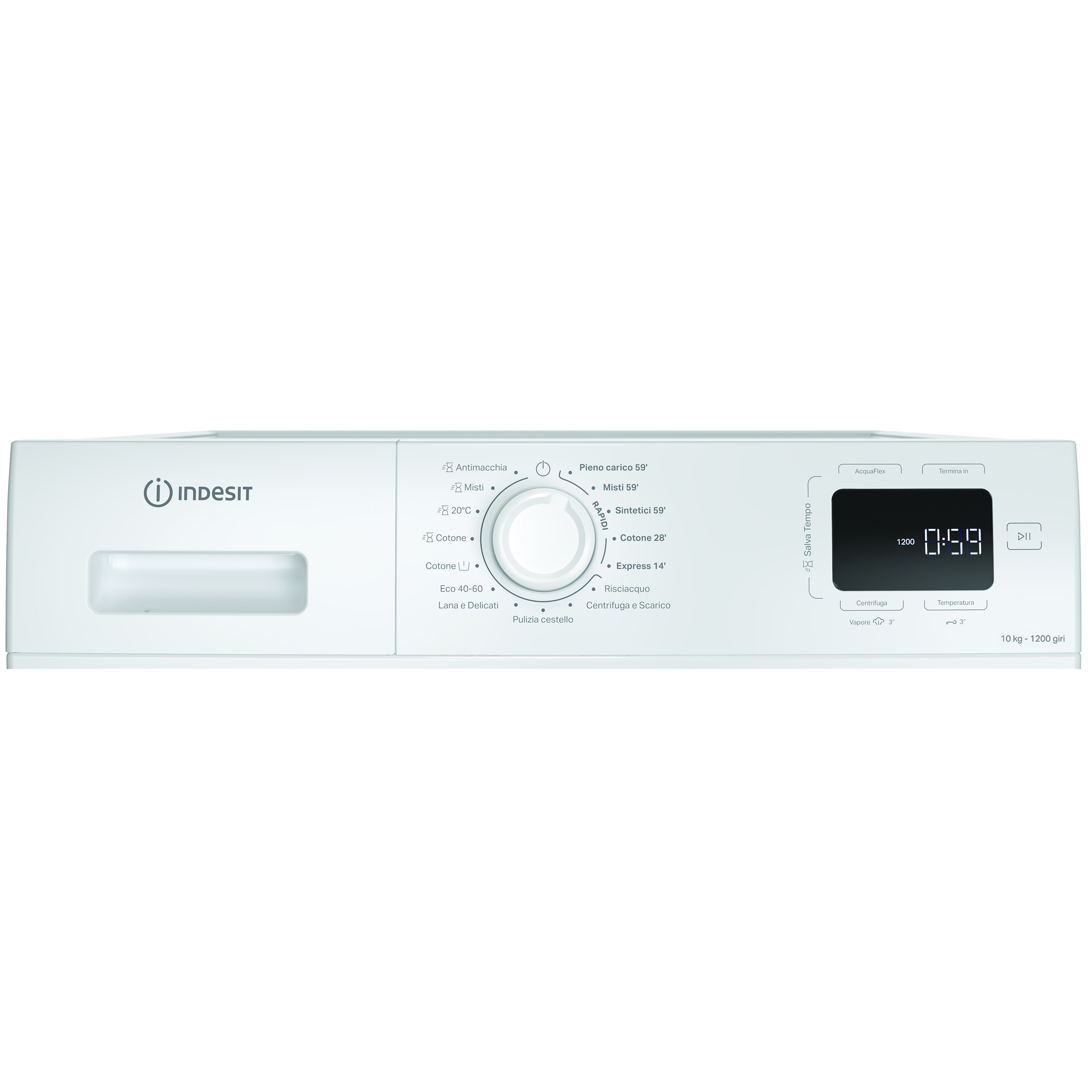 Lavatrice Indesit bianca con pannello comandi con cicli di lavaggio e display digitale.