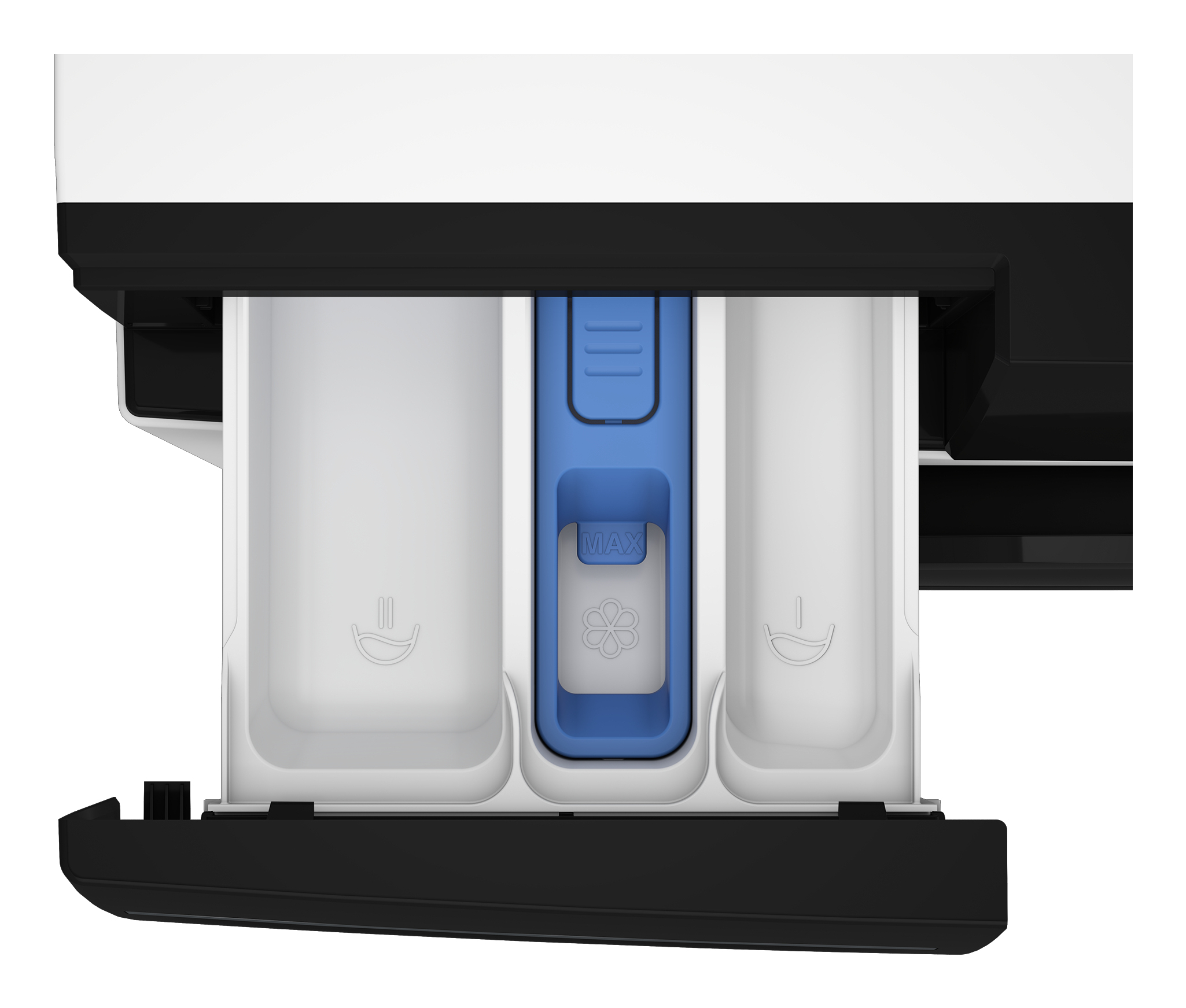 Primo piano del cassetto del detersivo, bianco e nero, inserto blu, su sfondo bianco.
