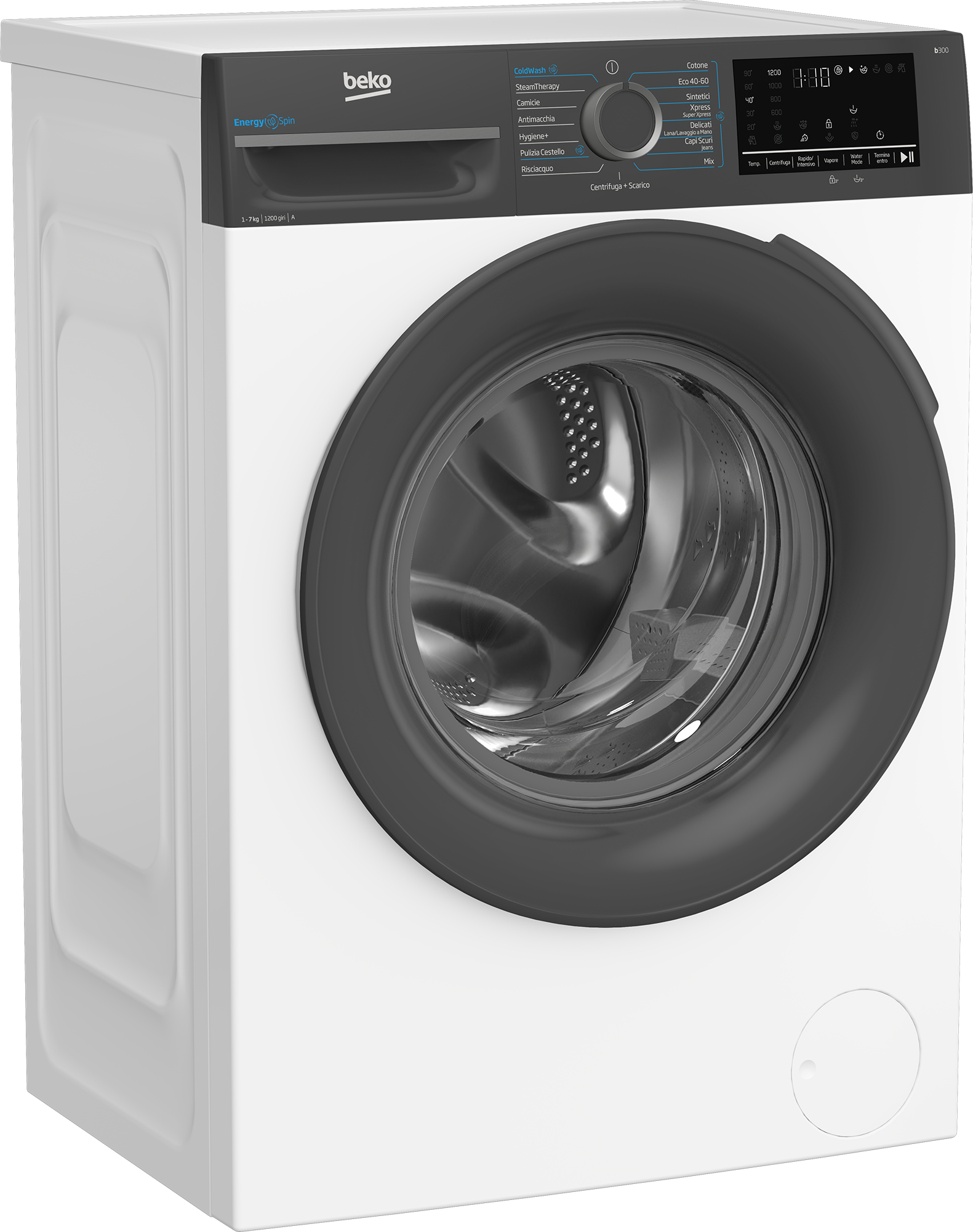 Una lavatrice Beko bianca e nera. Ha una porta circolare e un pannello di controllo in alto.
