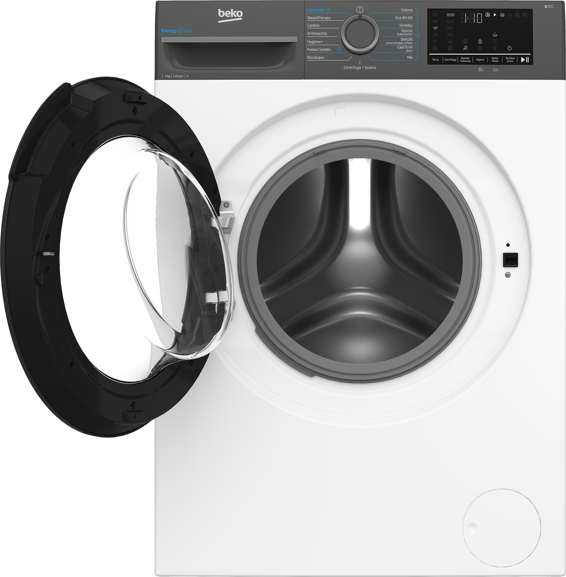 Lavatrice Beko bianca, porta aperta. Pannello di controllo in alto a destra. Telaio grigio.