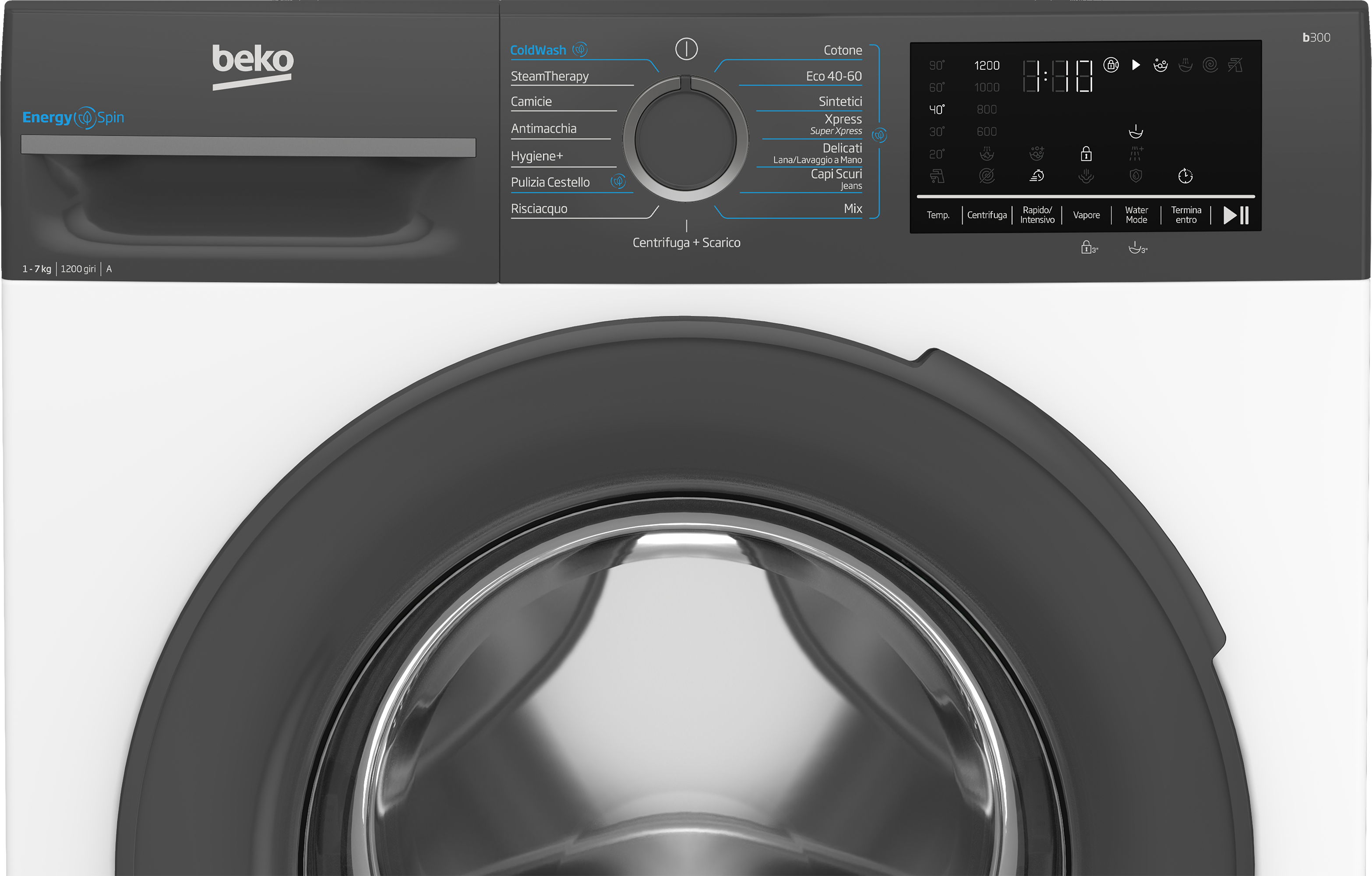 Vista frontale della lavatrice Beko. Il display mostra l'ora. Pannello di controllo con varie impostazioni.