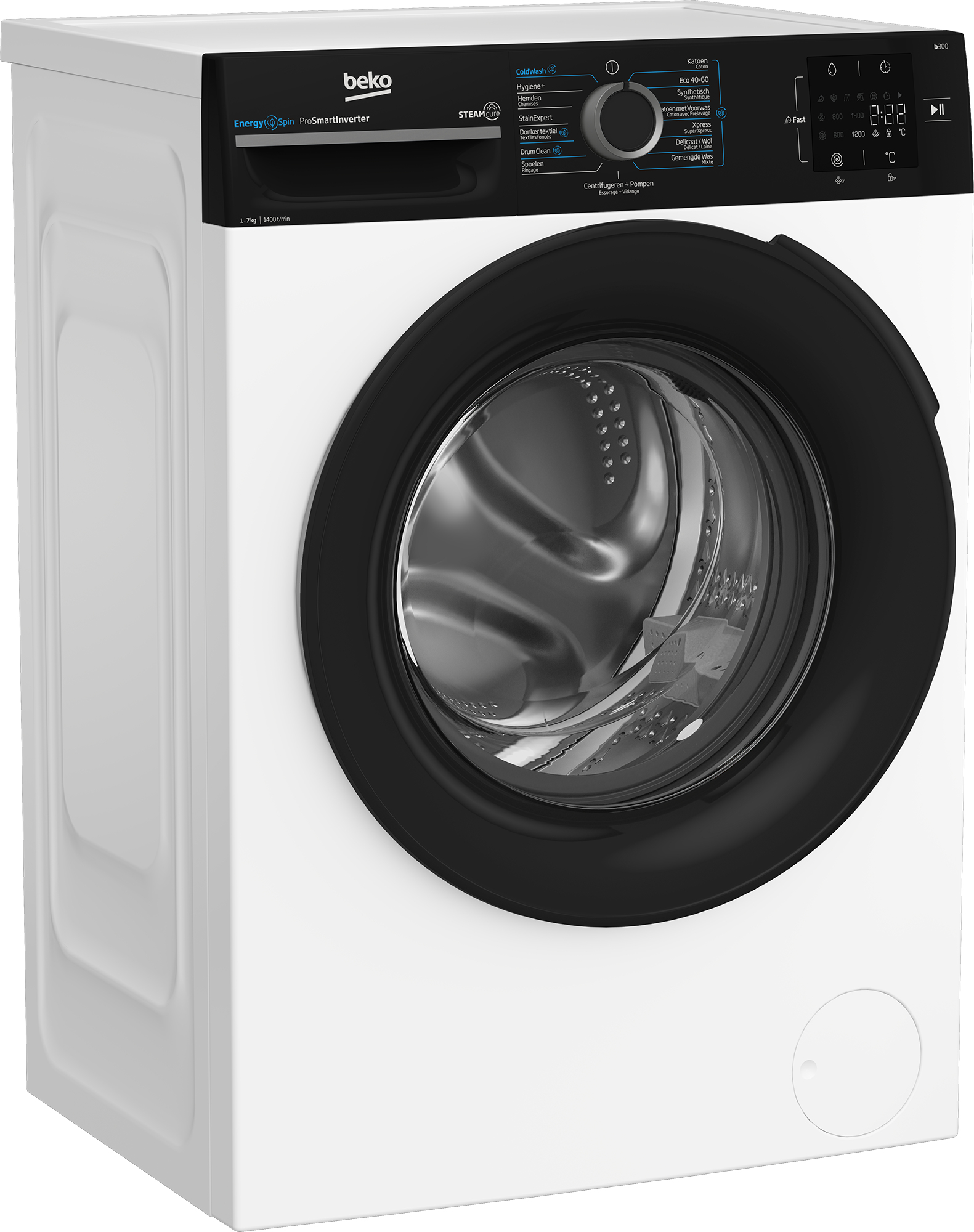 Lavatrice Beko bianca con porta nera e pannello comandi, vista angolata.