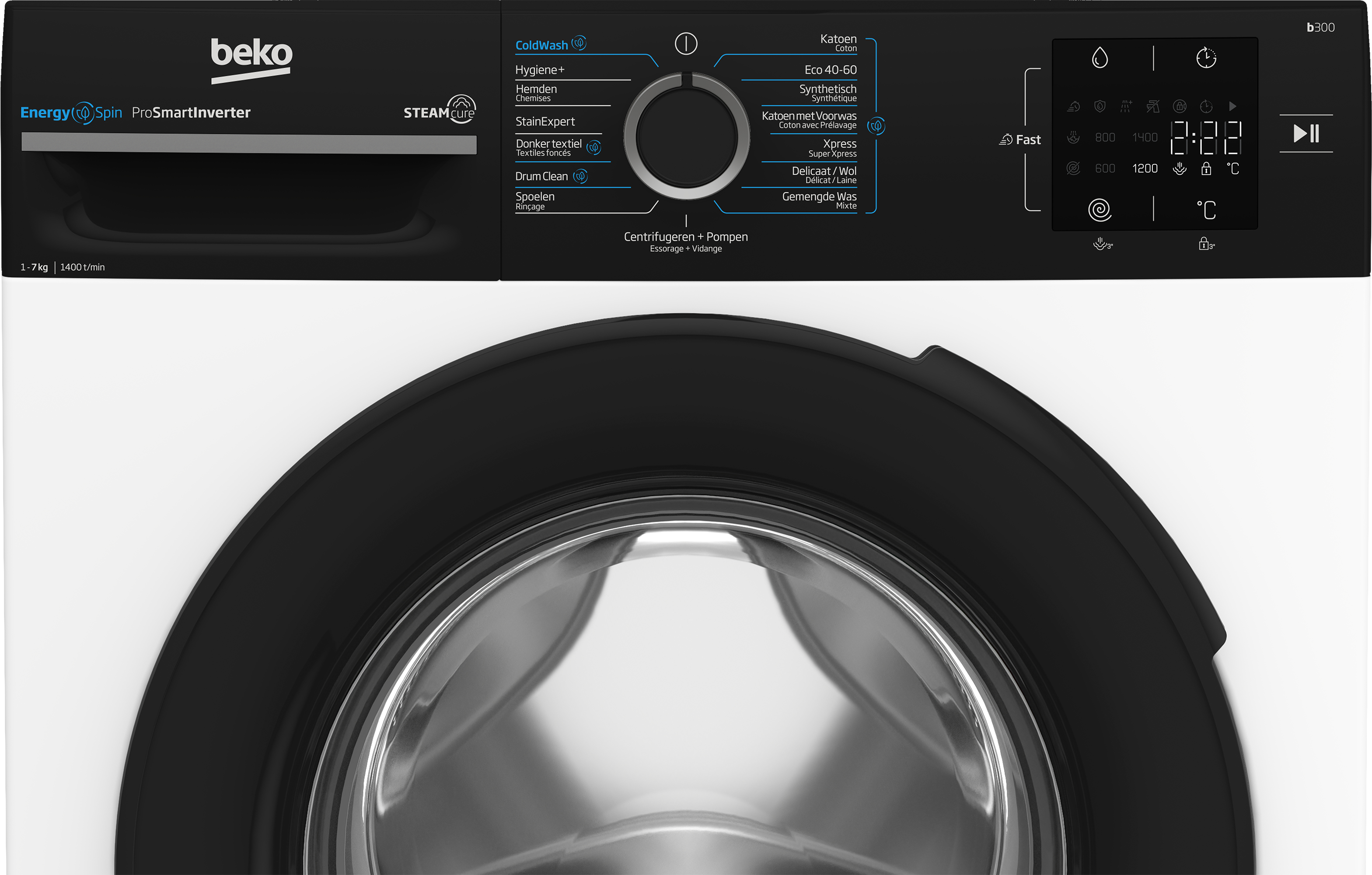 Lavatrice Beko bianca, porta nera con oblò. Pannello comandi nero.