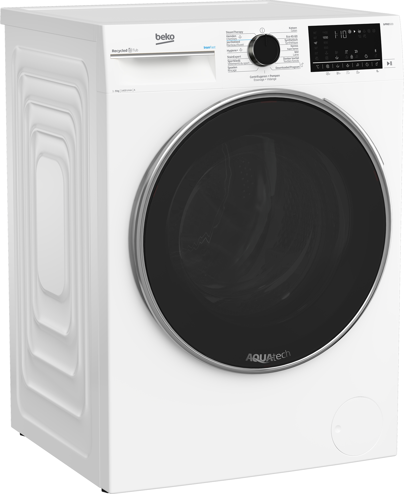 Lavatrice Beko bianca, vista angolata. Con porta nera, pannello comandi e display.