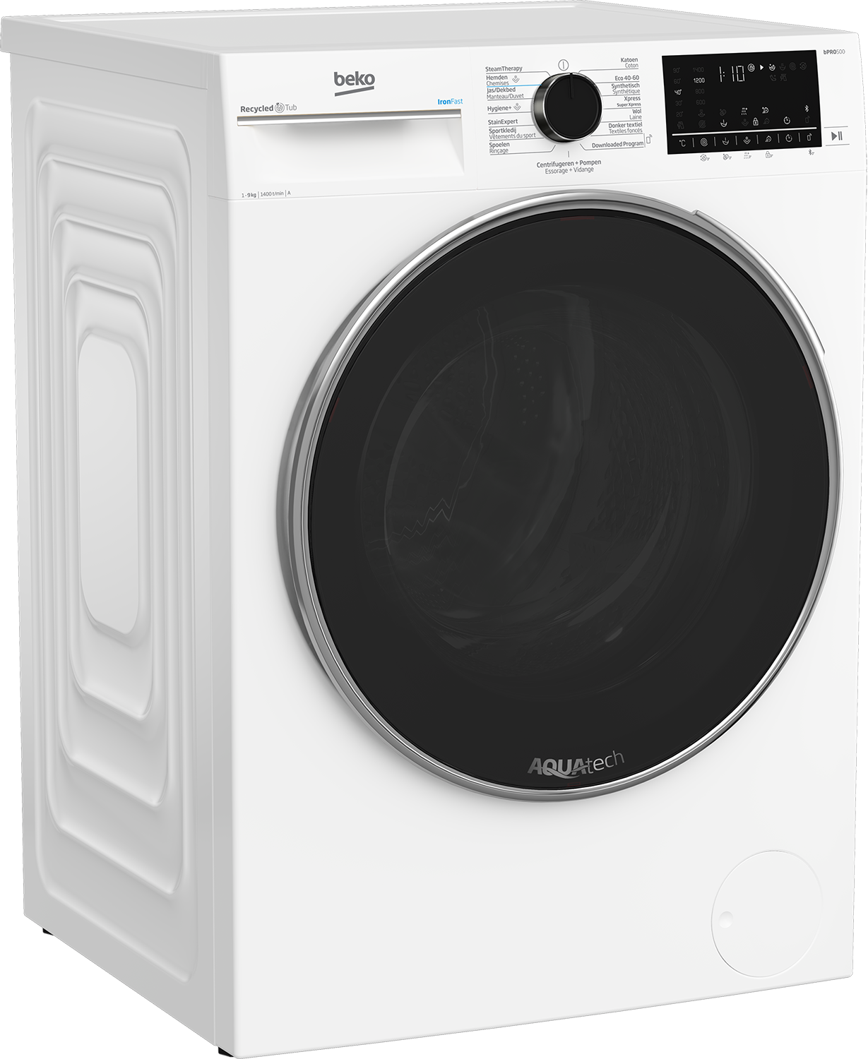 Lavatrice Beko bianca, vista frontale. Porta nera e pannello di controllo con display digitale.