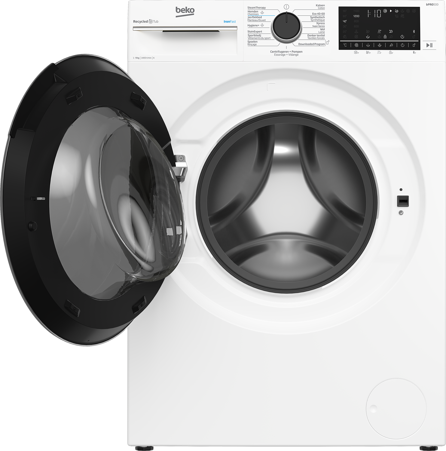 Una lavatrice Beko bianca con la porta aperta. L'interno è in acciaio inossidabile.