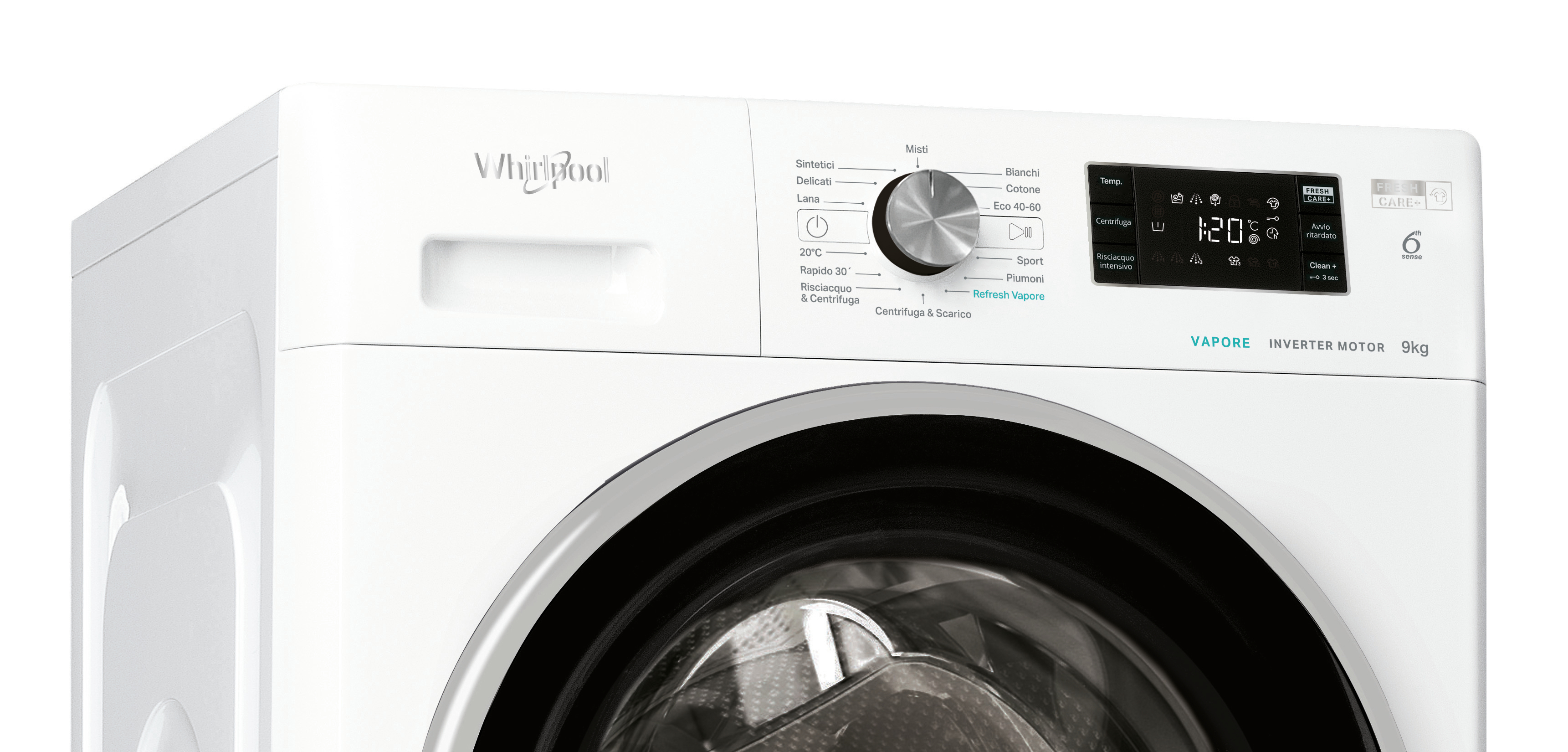 Lavatrice Whirlpool bianca. Pannello comandi e display digitale visibili.