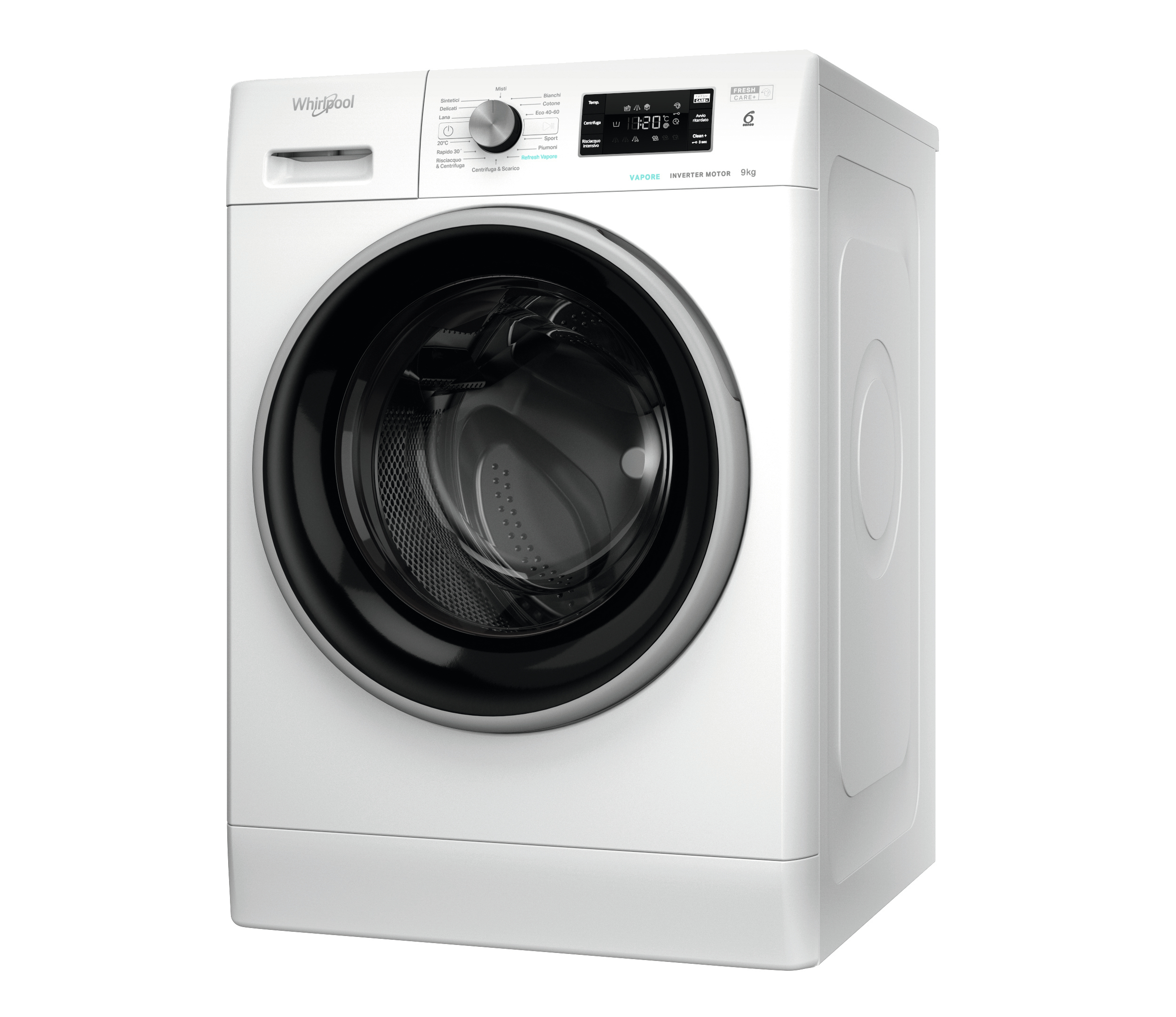 Lavatrice Whirlpool bianca con porta nera, su sfondo bianco.