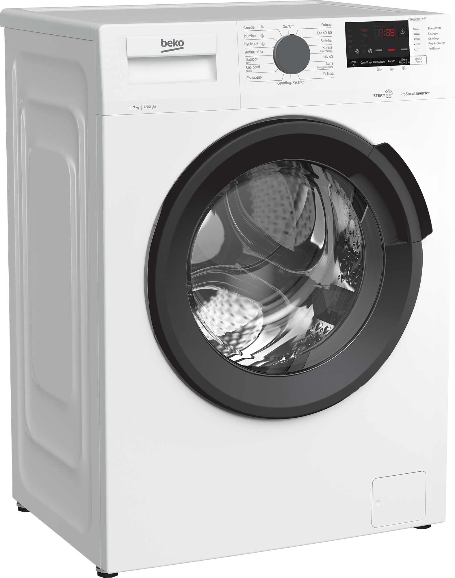 Lavatrice Beko bianca. Vista frontale, con porta nera e pannello di controllo in alto.