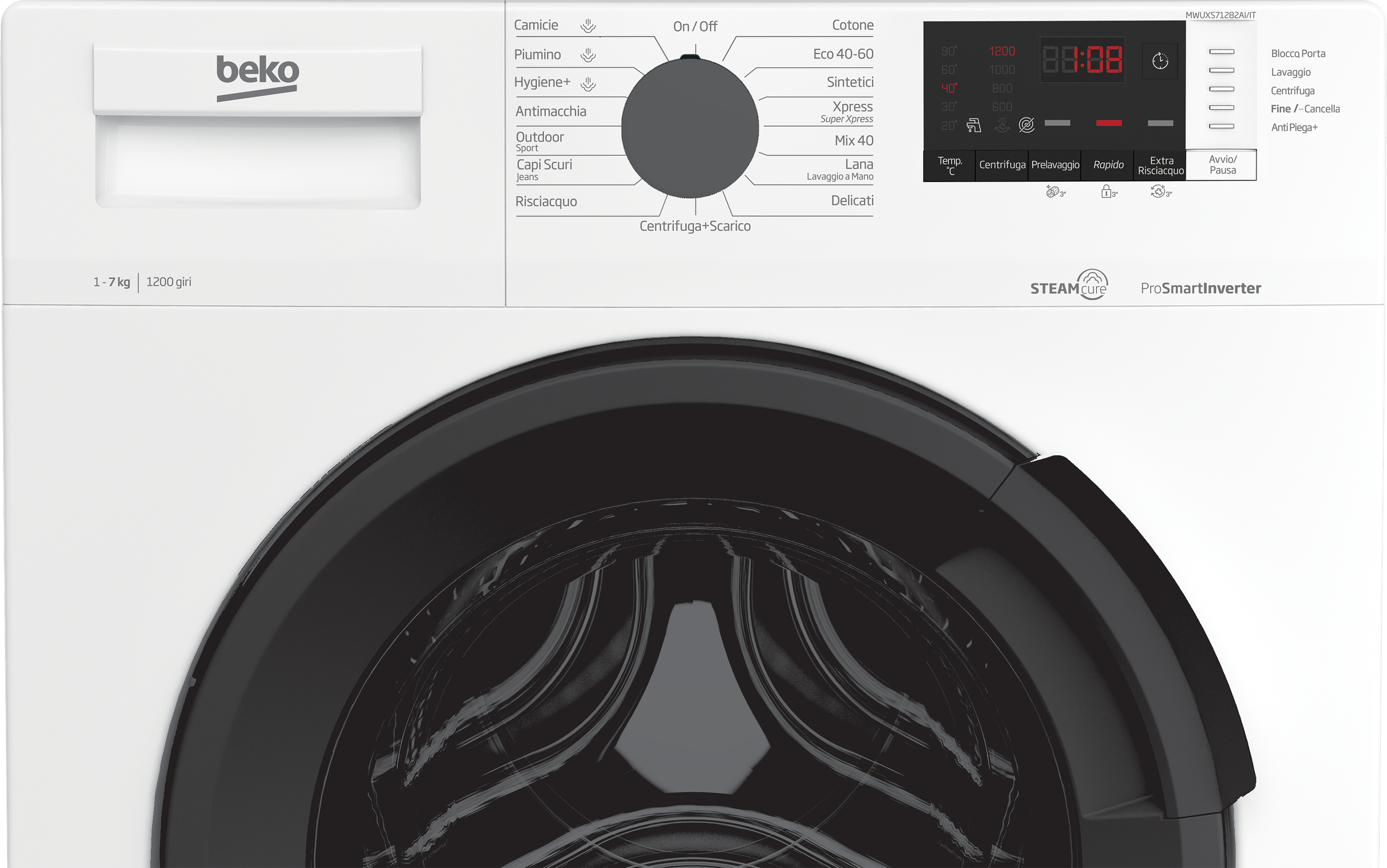 Primo piano del pannello di controllo di una lavatrice Beko. Il cestello è visibile. Vengono mostrate varie impostazioni.