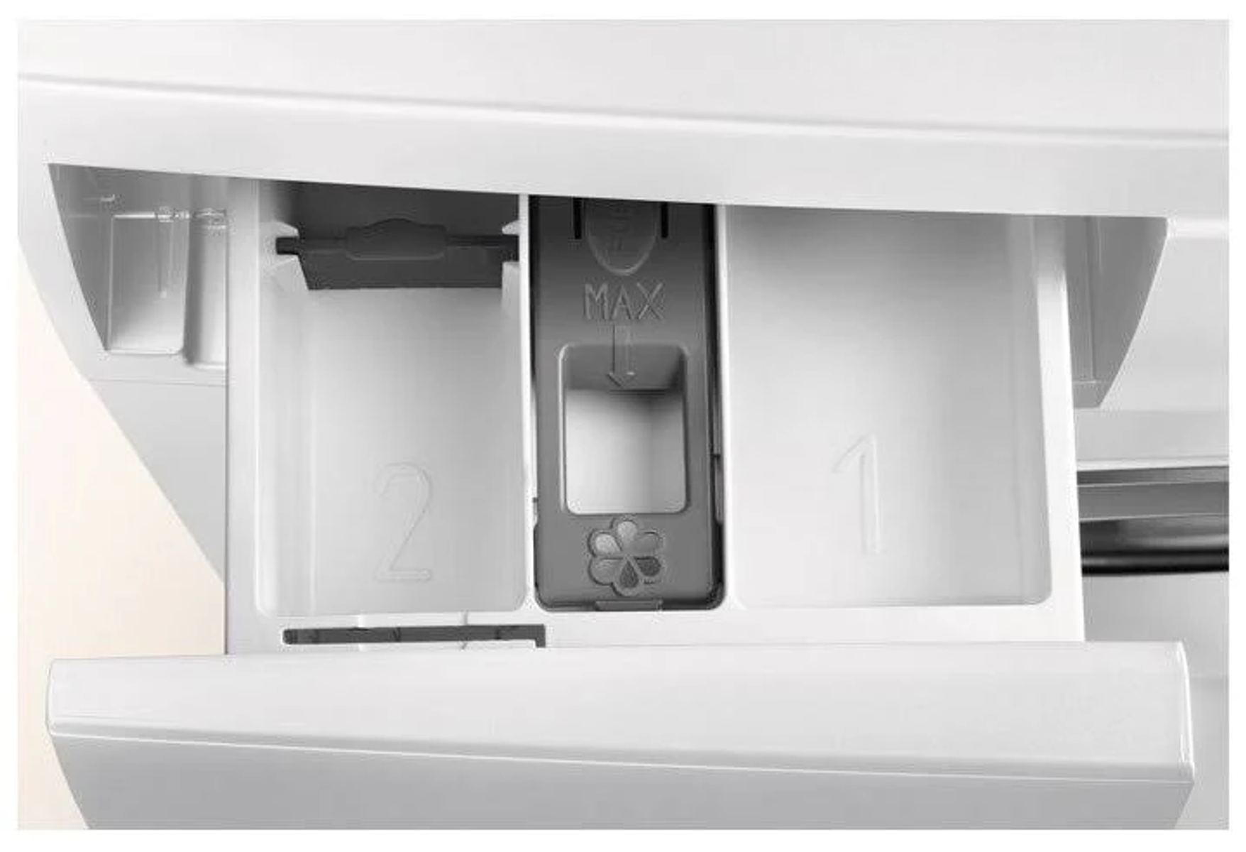 Zbliżenie szuflady pralki z przegródkami oznaczonymi 1 i 2 oraz centralnym miejscem na płyn do płukania.