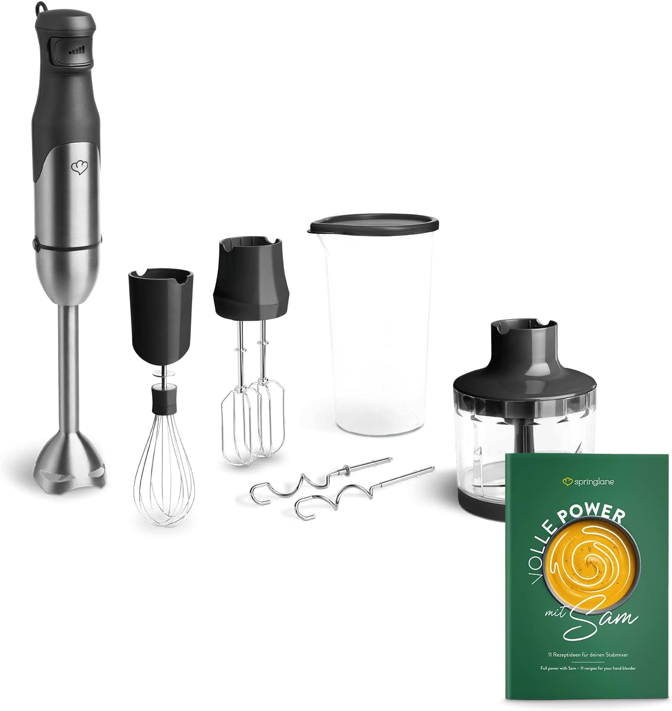 Mixer mit Aufsätzen und Rezeptbuch. Schwarz und Silber. Weißer Hintergrund.