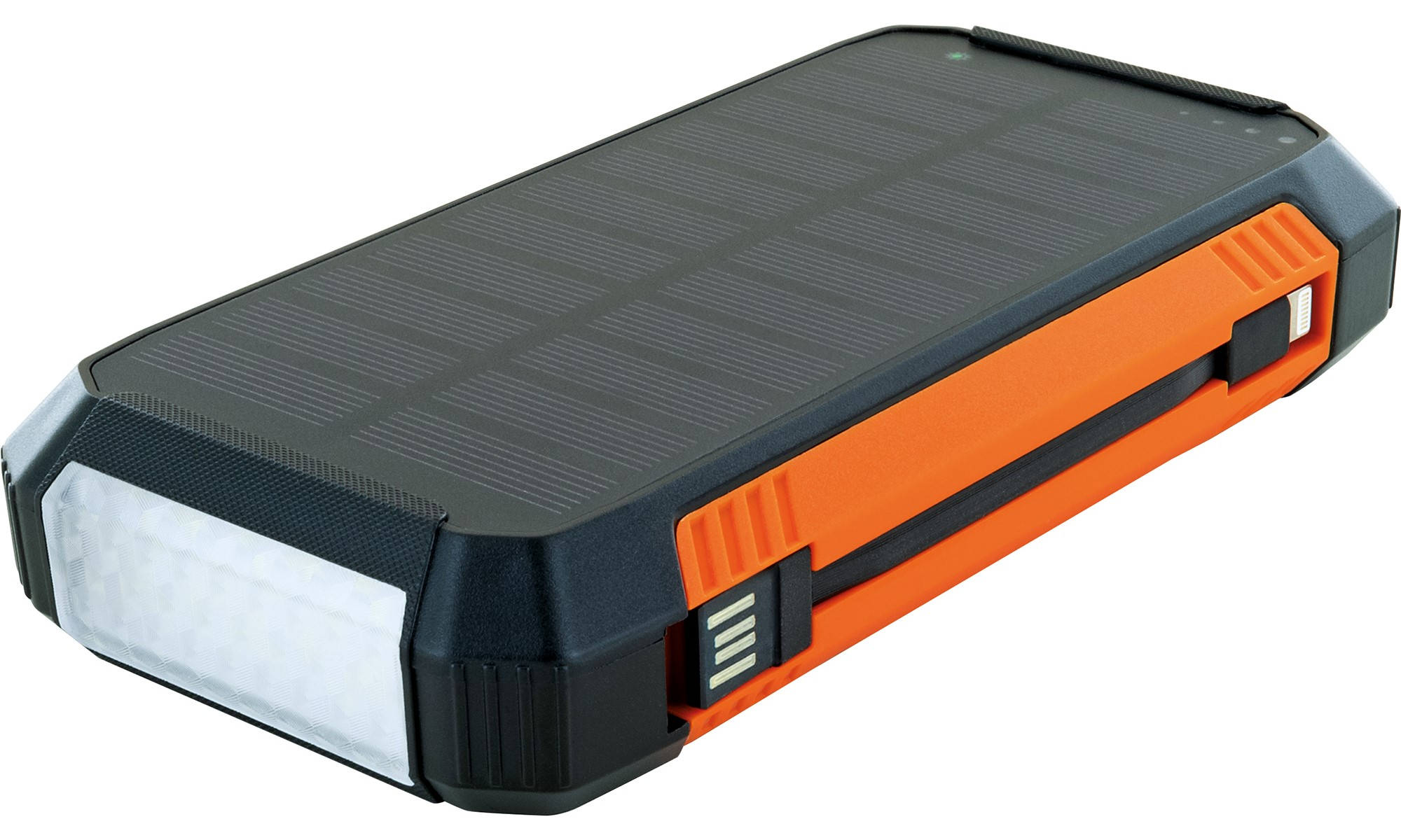 Schwarze und orangefarbene Solar-Powerbank mit Solarpanel oben und LED-Leuchten.