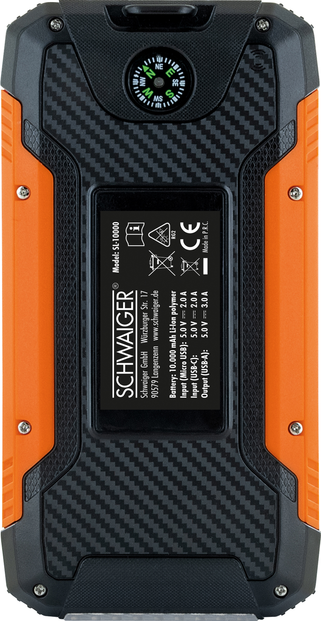 Die Rückseite eines robusten Telefons in Schwarz und Orange mit Kompass und technischen Daten. Kleine Batterie.
