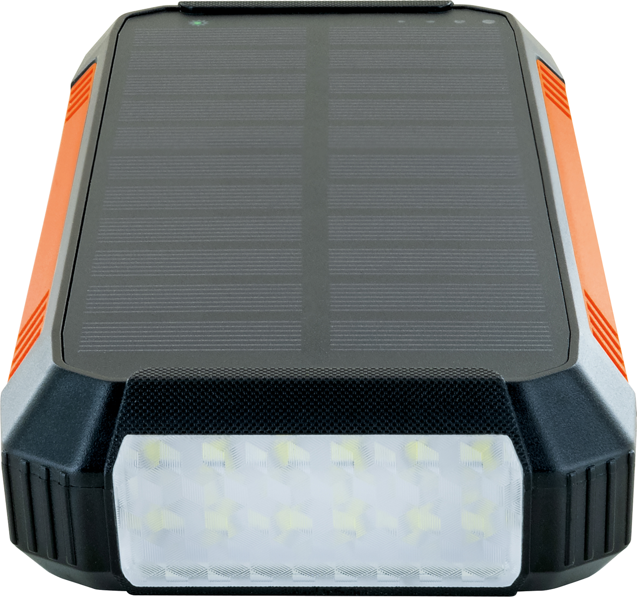 Eine solarbetriebene, orangefarbene und schwarze LED-Außenleuchte wird gezeigt.
