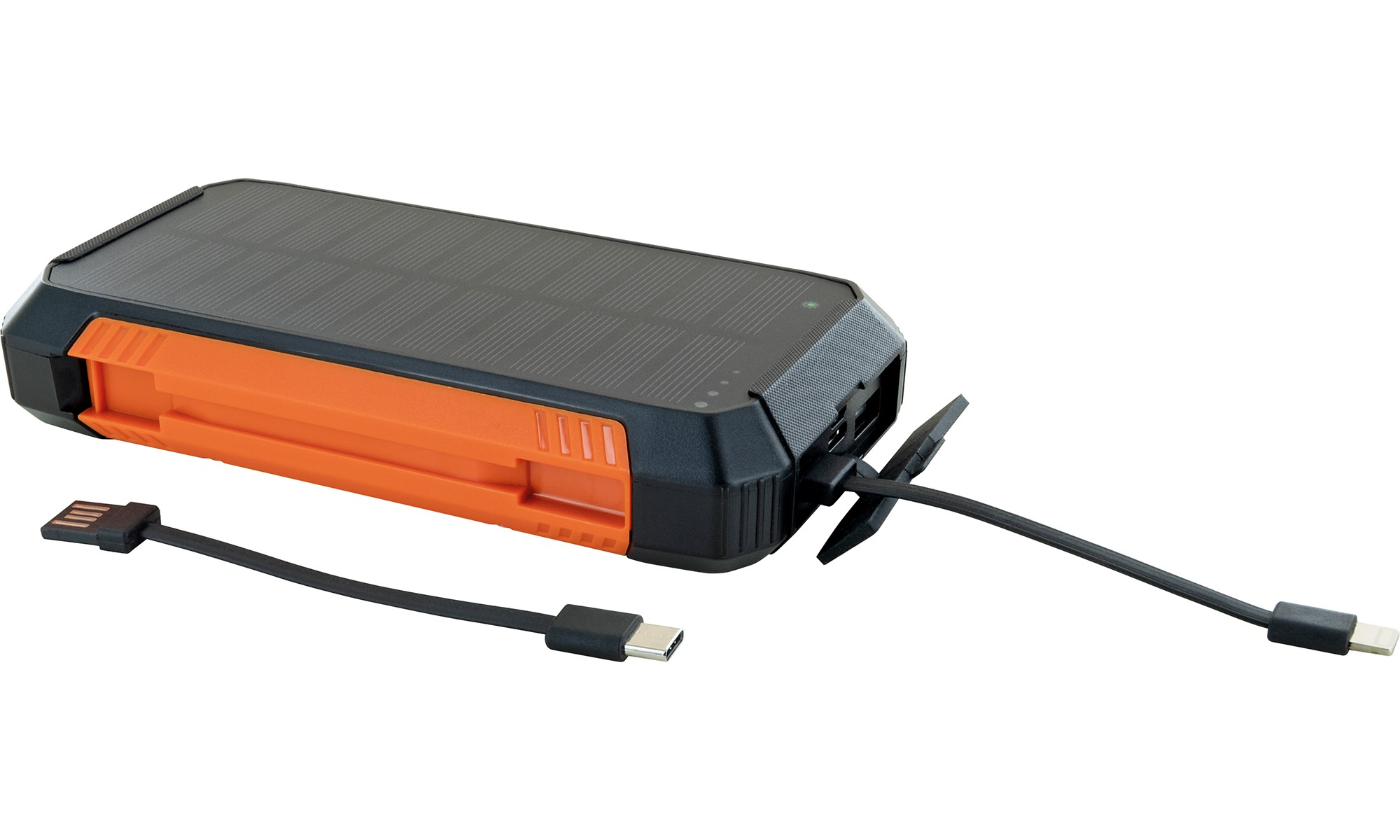 Solar-Ladegerät mit schwarzem Solarpanel und orangefarbenem Rahmen, mit zwei angeschlossenen Kabeln. Weißer Hintergrund.