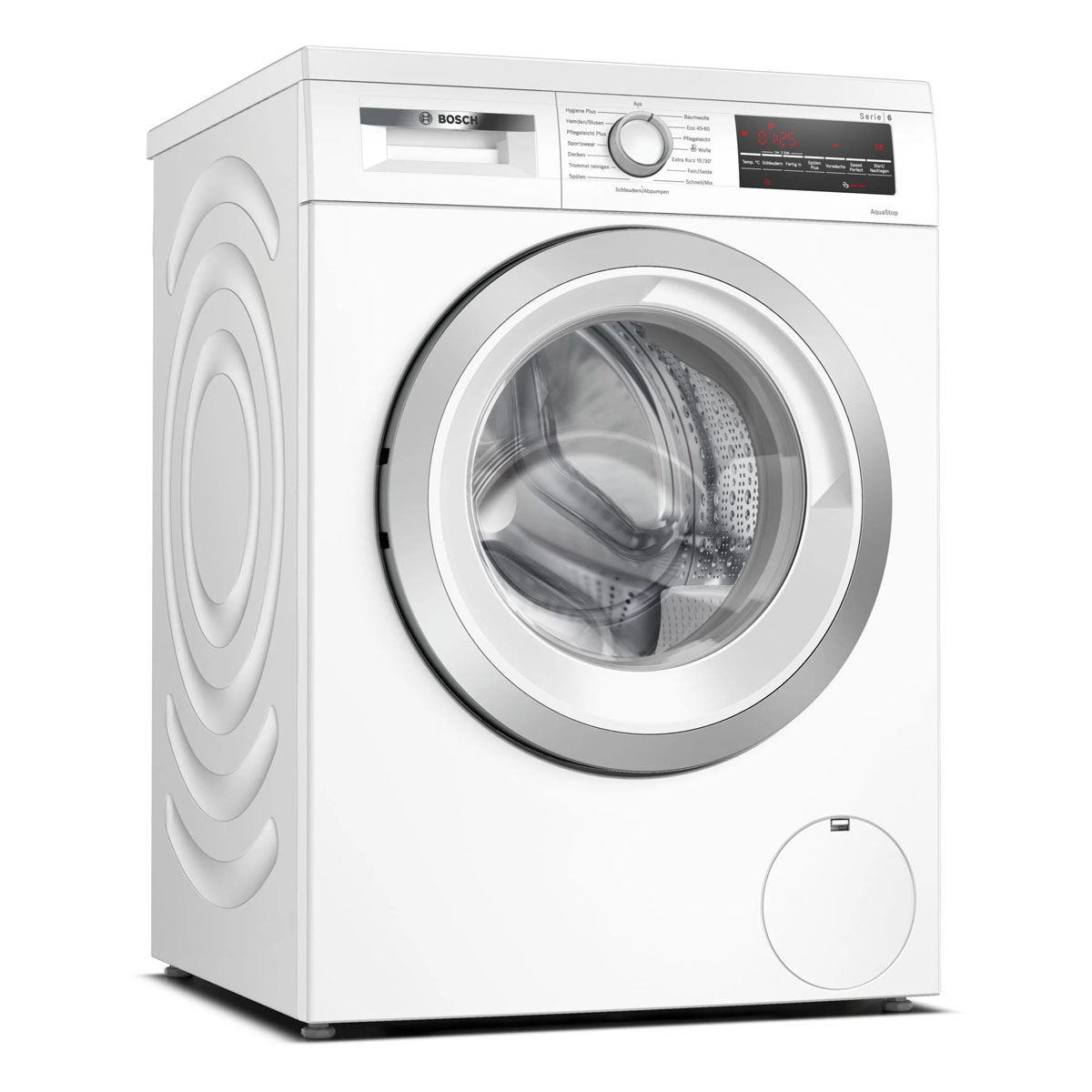 Weiße Waschmaschine, Frontansicht, mit geschlossener Tür. Marke Bosch, Serie 6, Digitalanzeige.
