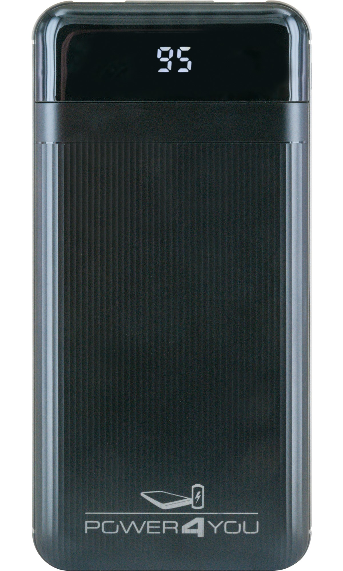 Dunkelgraue Powerbank mit Display, das 95 % Ladung anzeigt.