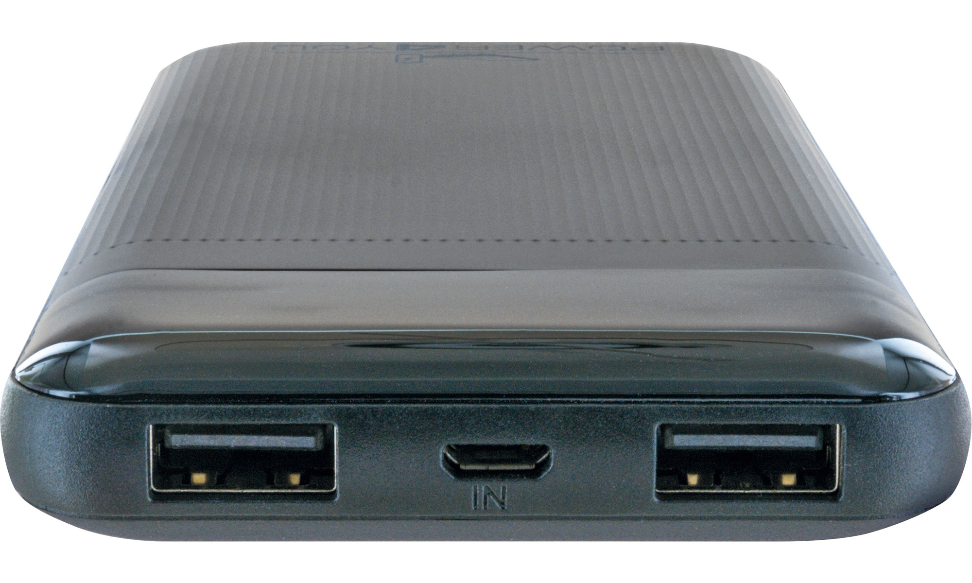 Eine schwarze Powerbank mit zwei USB-Anschlüssen und einem Micro-USB-Anschluss.