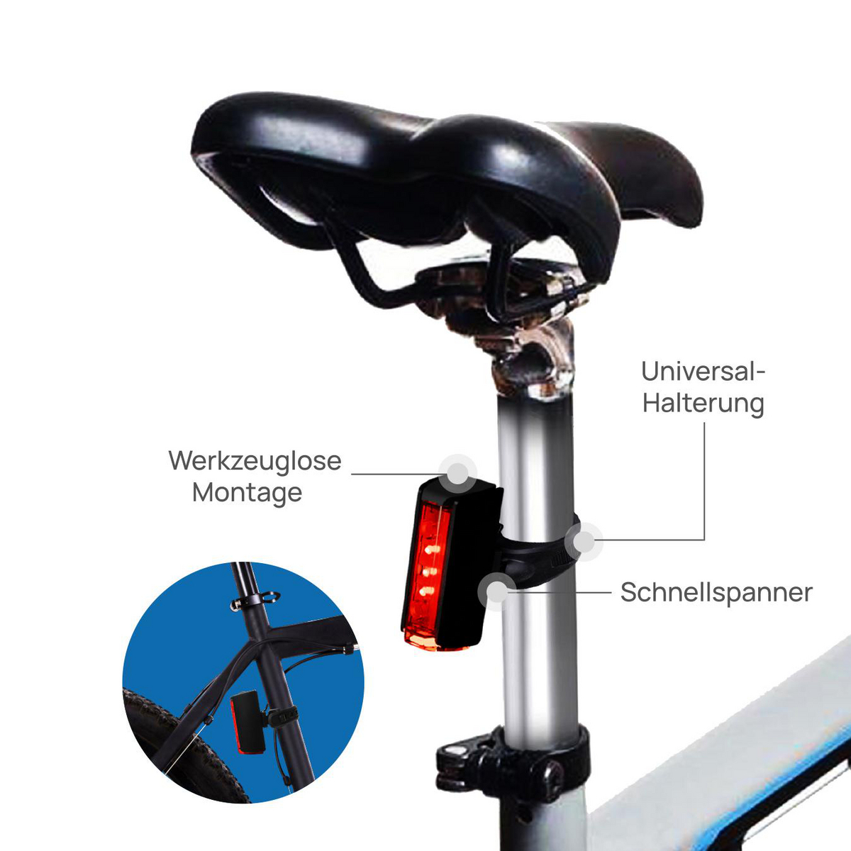 Fahrradsattel mit rotem Rücklicht, plus Beschriftung der Teile.